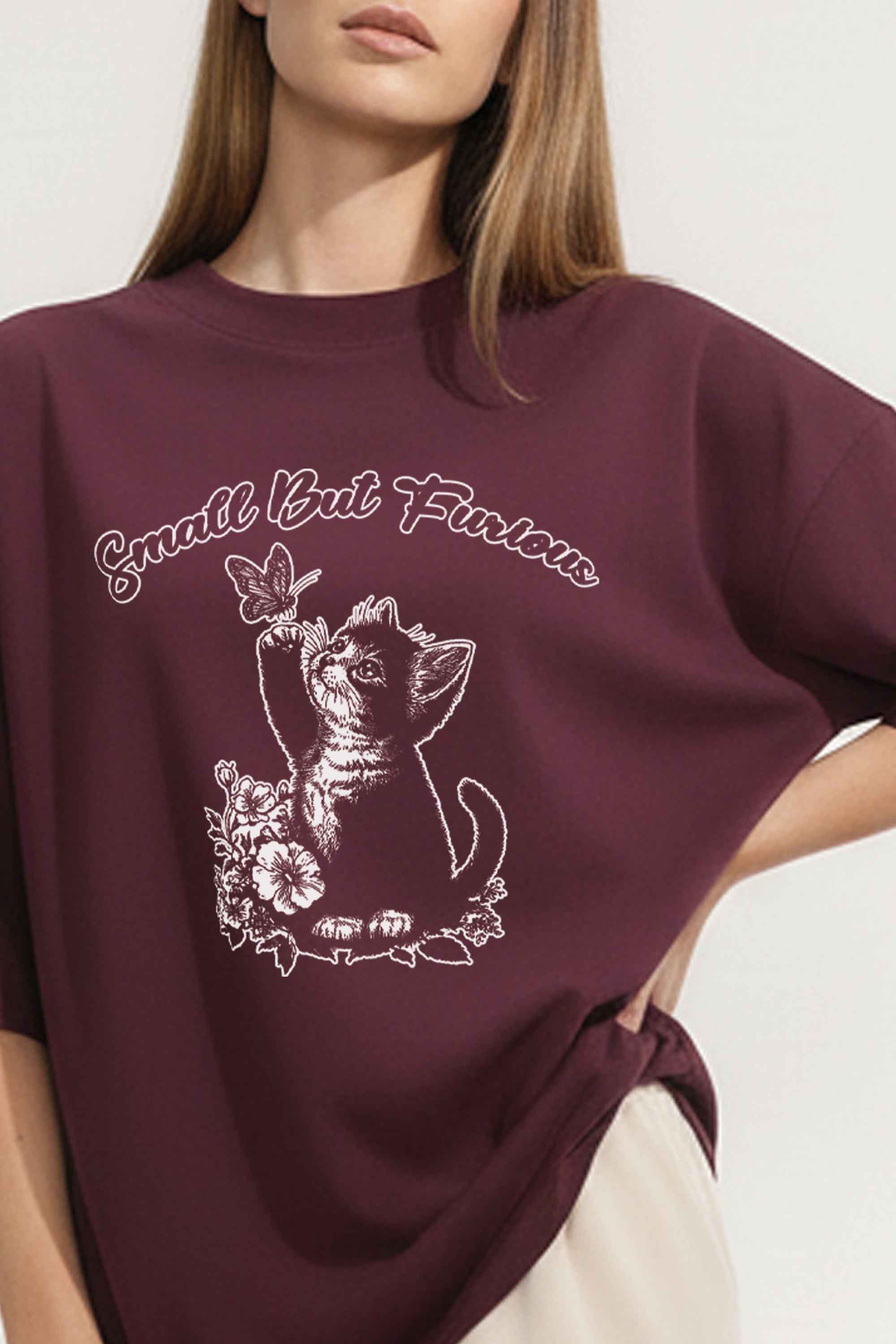 220GSM Oversized T-Shirt in Small But Furious Cat Print