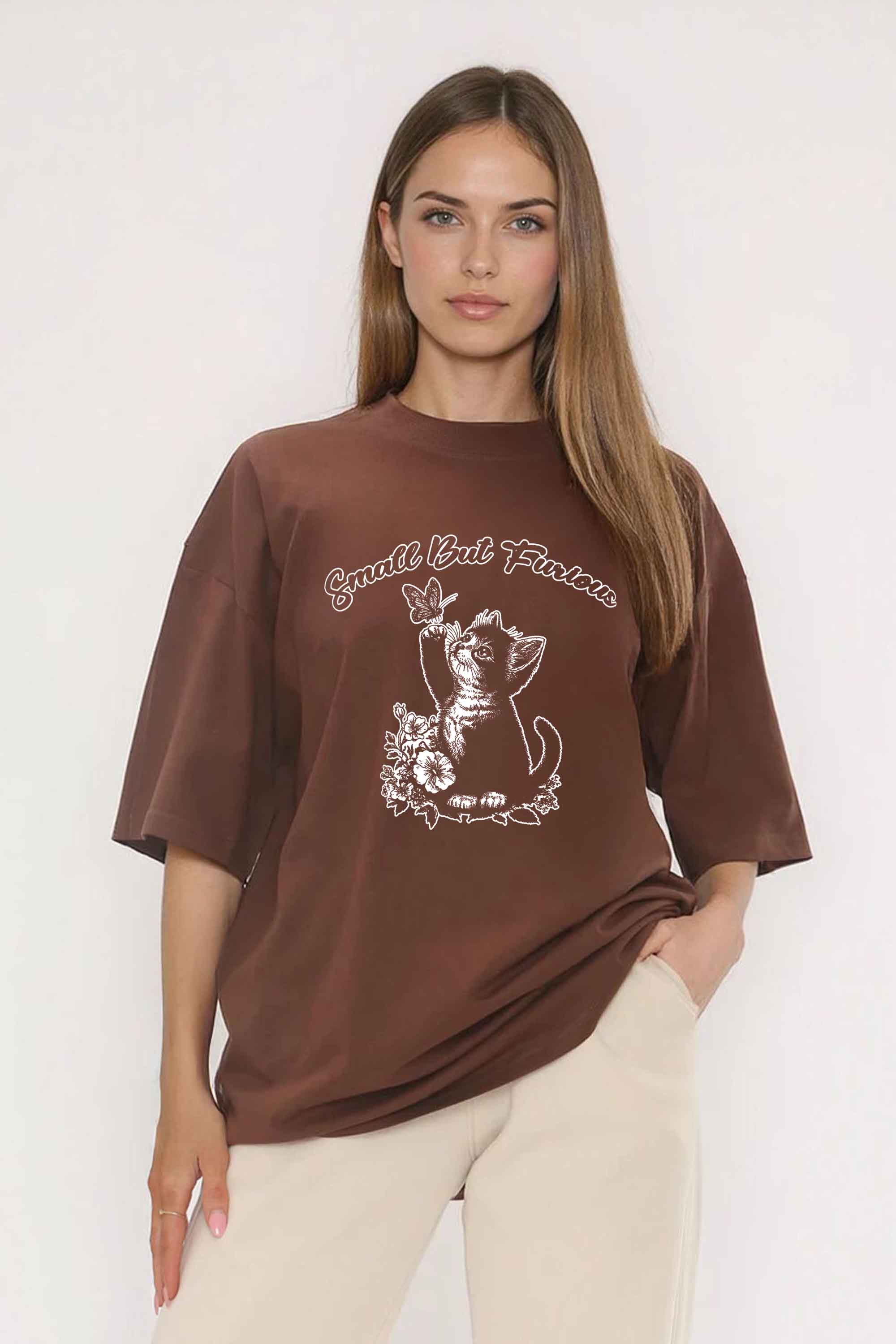 220GSM Oversized T-Shirt in Small But Furious Cat Print