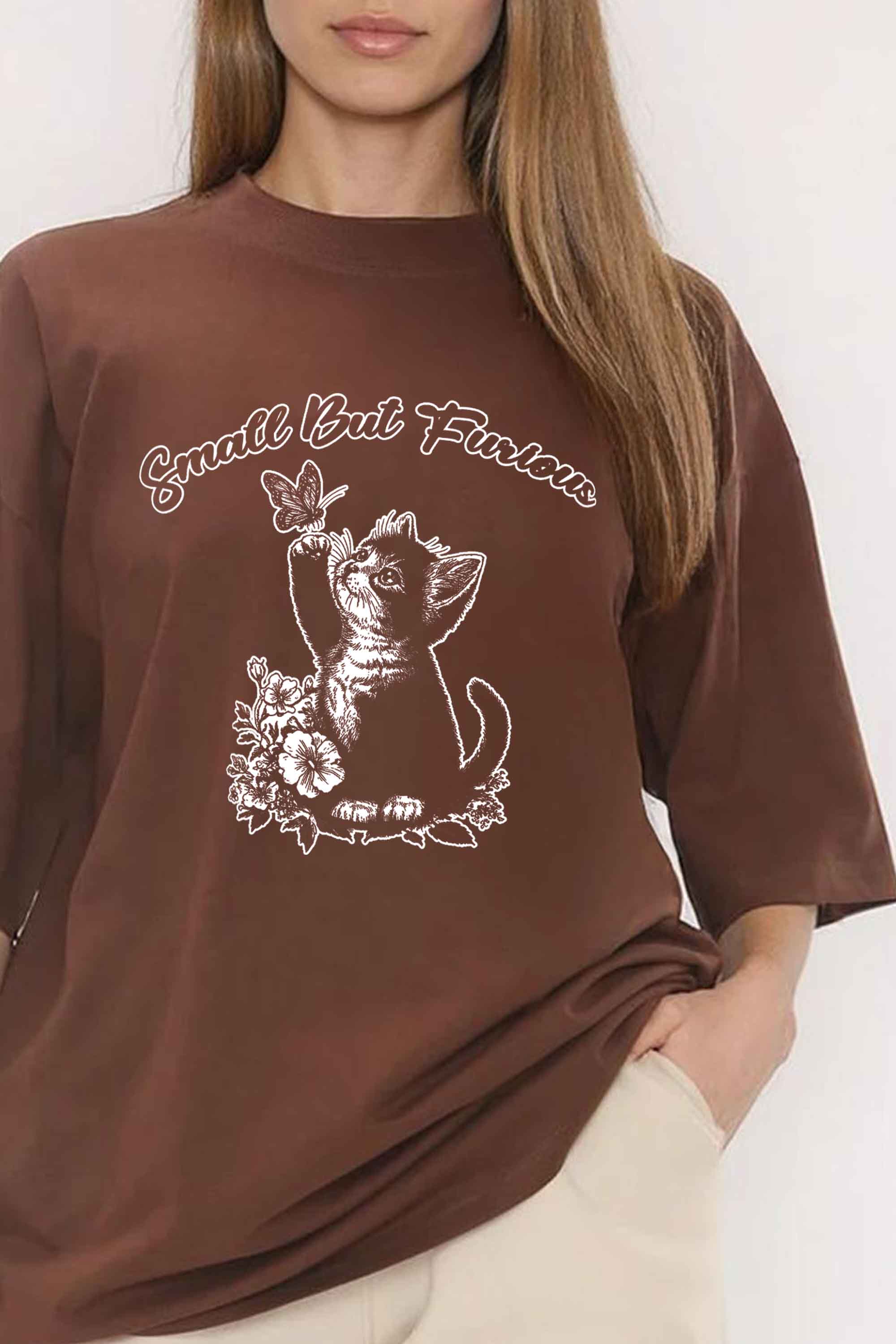 220GSM Oversized T-Shirt in Small But Furious Cat Print