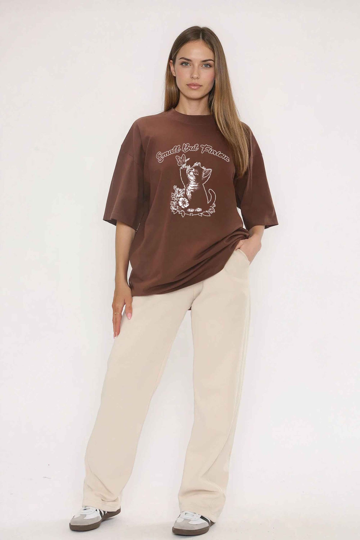 220GSM Oversized T-Shirt in Small But Furious Cat Print