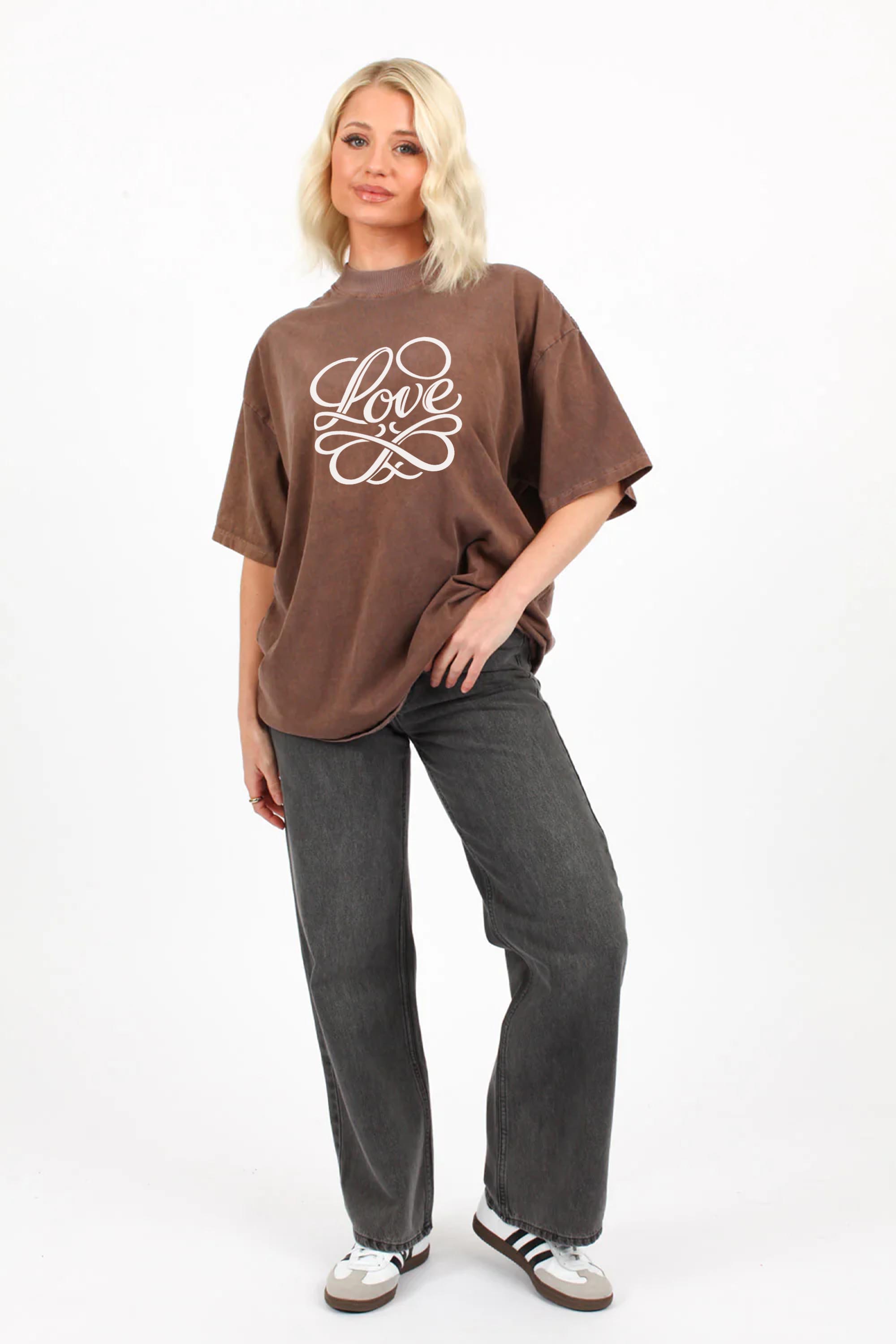 220GSM Oversized Acid Washed T-Shirt In Love Print