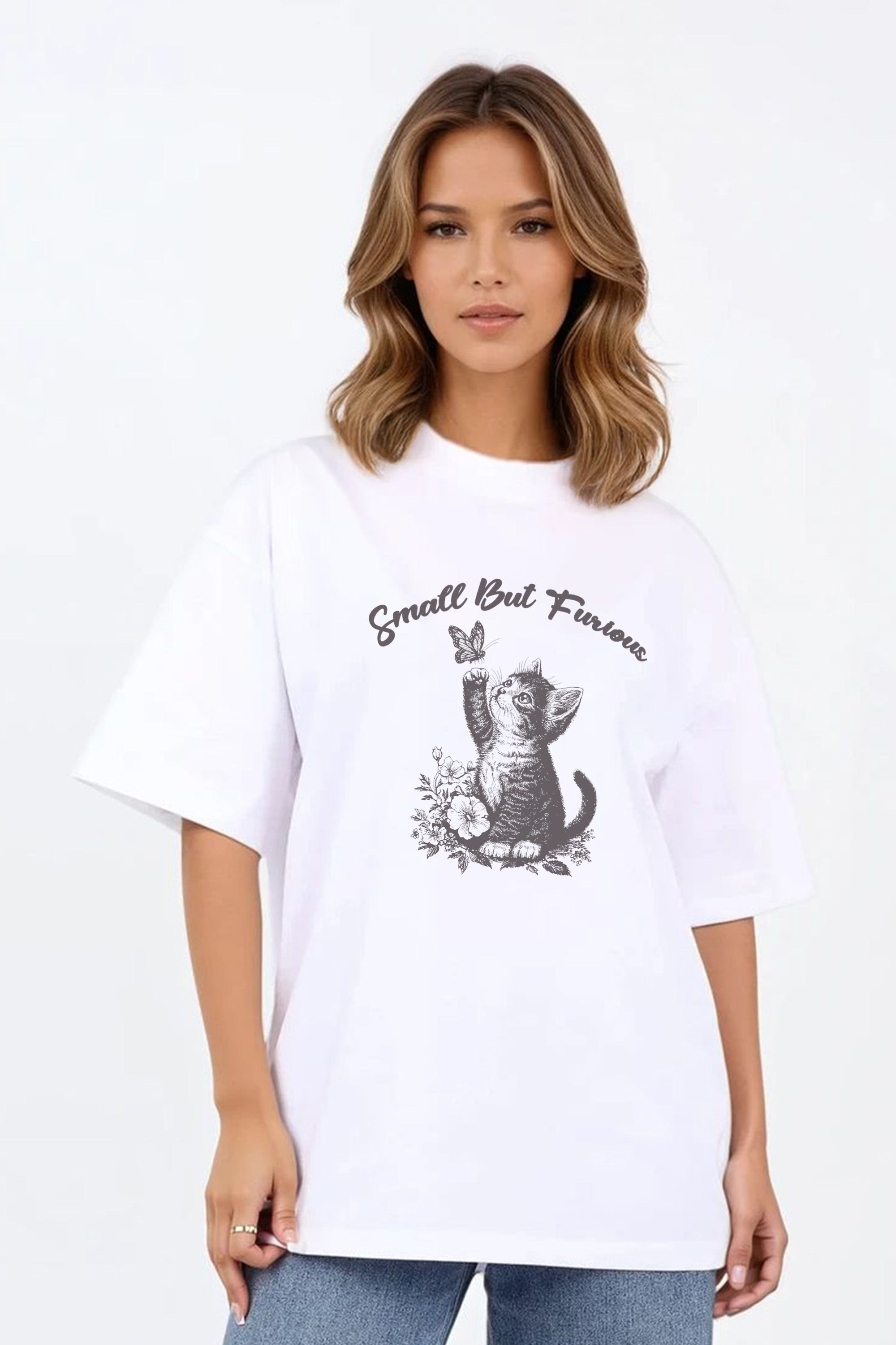 220GSM Oversized T-Shirt in Small But Furious Cat Print