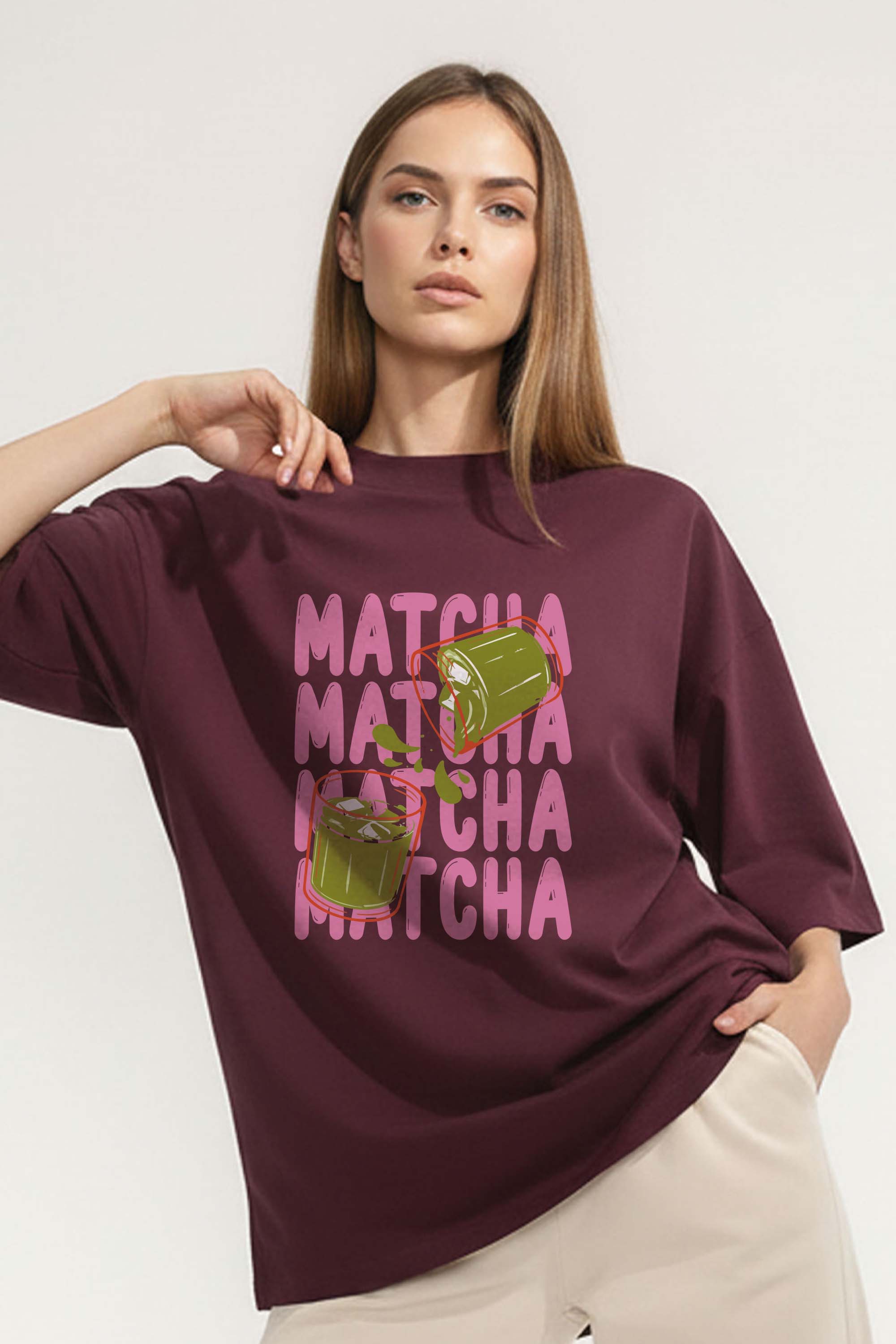 220GSM Oversized T-Shirt in Cute Matcha Print