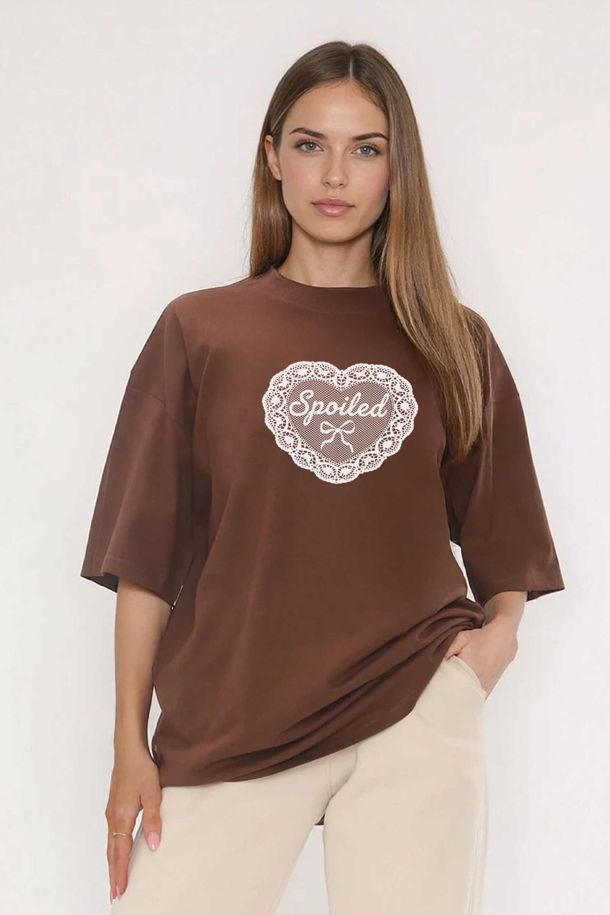 220GSM Oversized T-Shirt in Spoiled Lace Heart Print