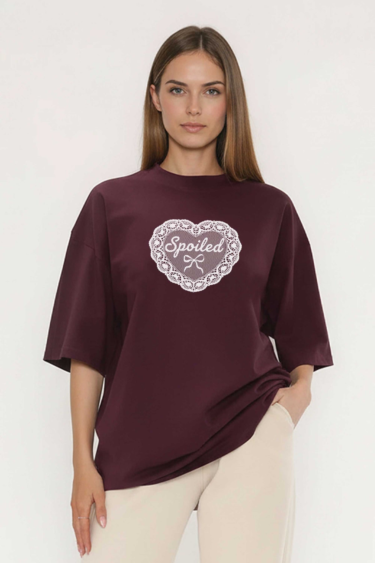 220GSM Oversized T-Shirt in Spoiled Lace Heart Print