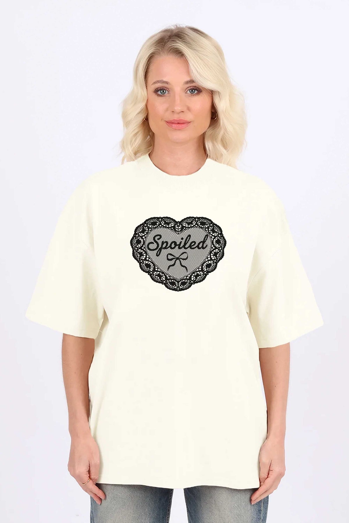 220GSM Oversized T-Shirt in Spoiled Lace Heart Print