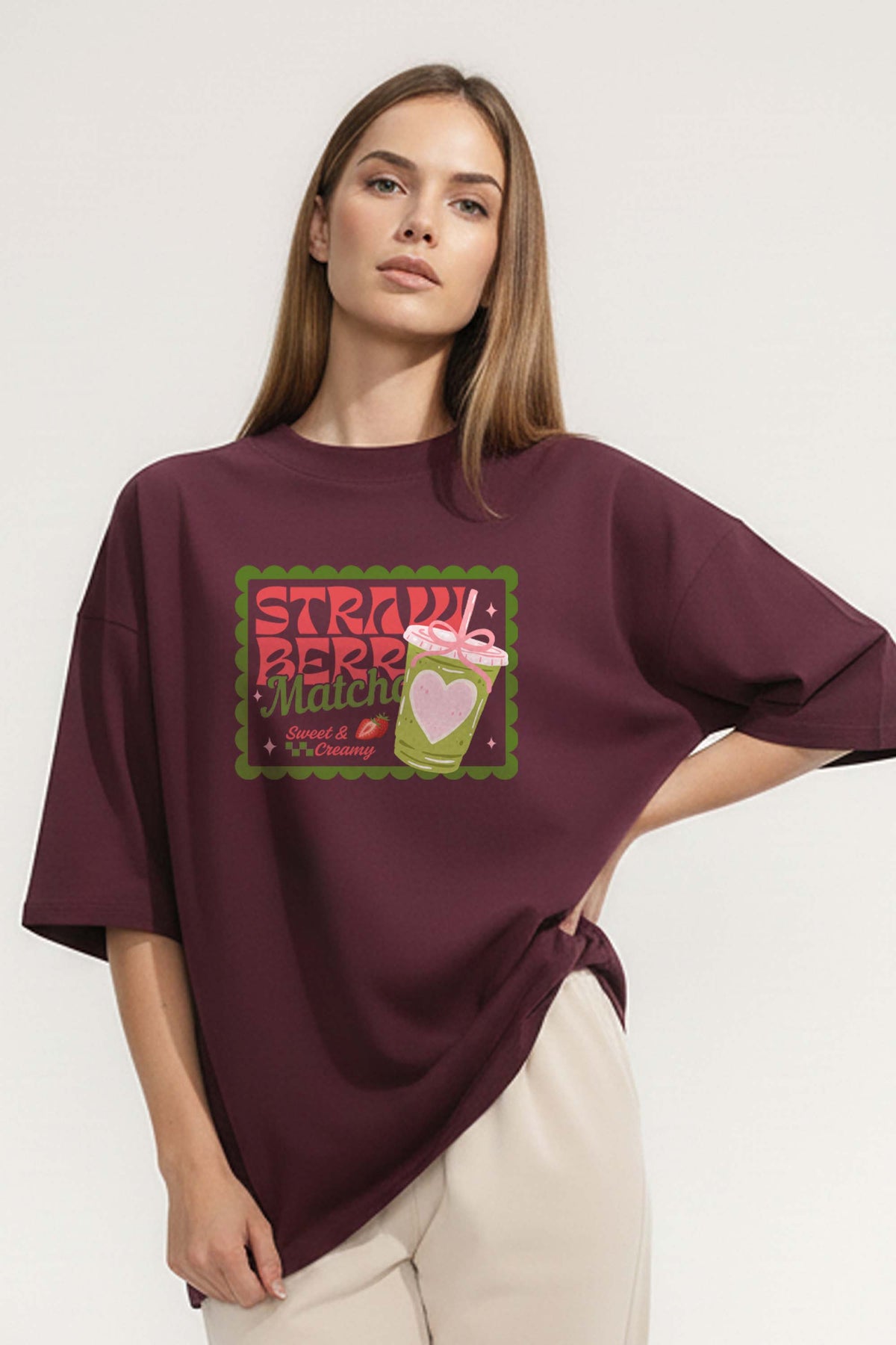 220GSM Oversized T-Shirt in Strawberry Matcha Print