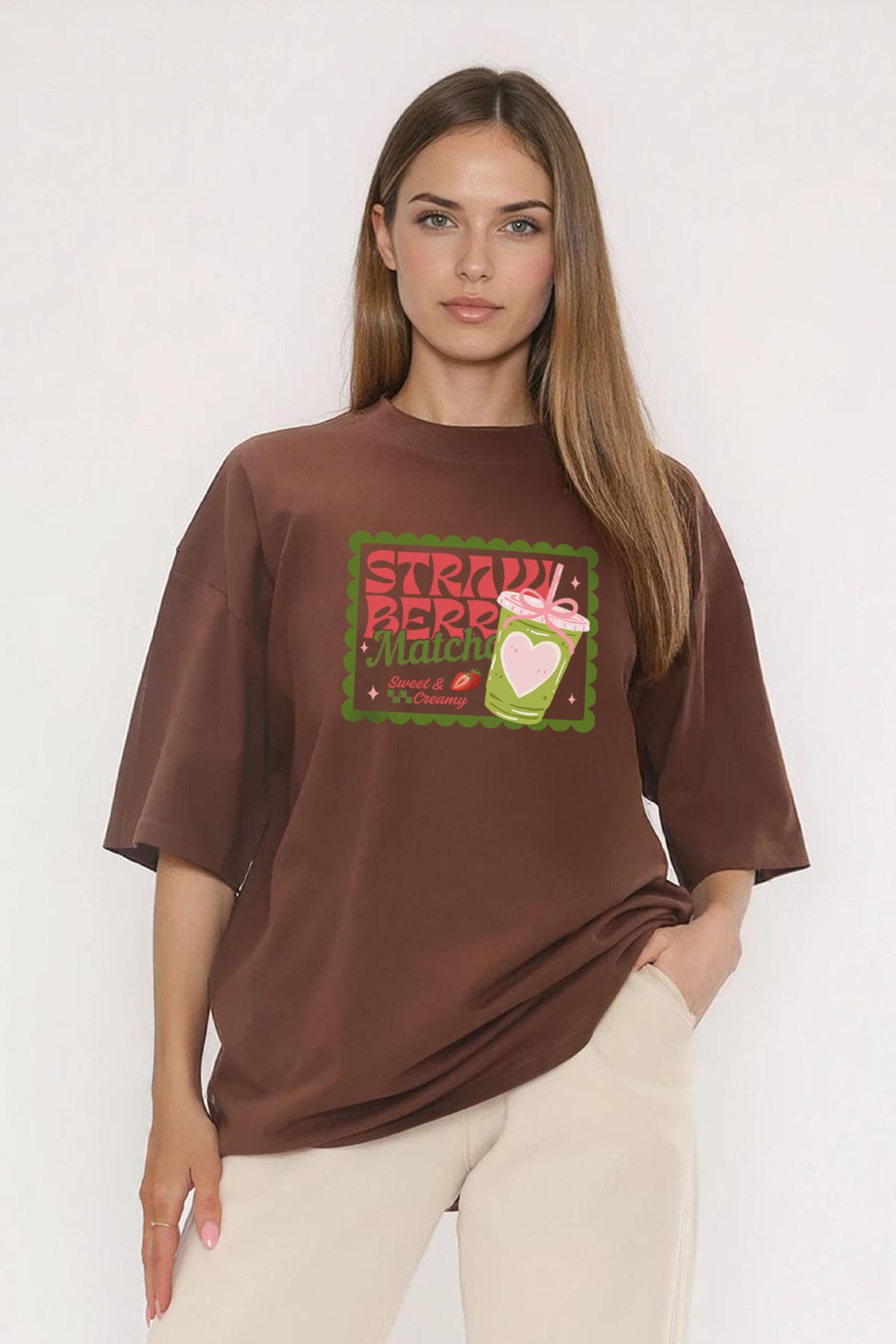 220GSM Oversized T-Shirt in Strawberry Matcha Print