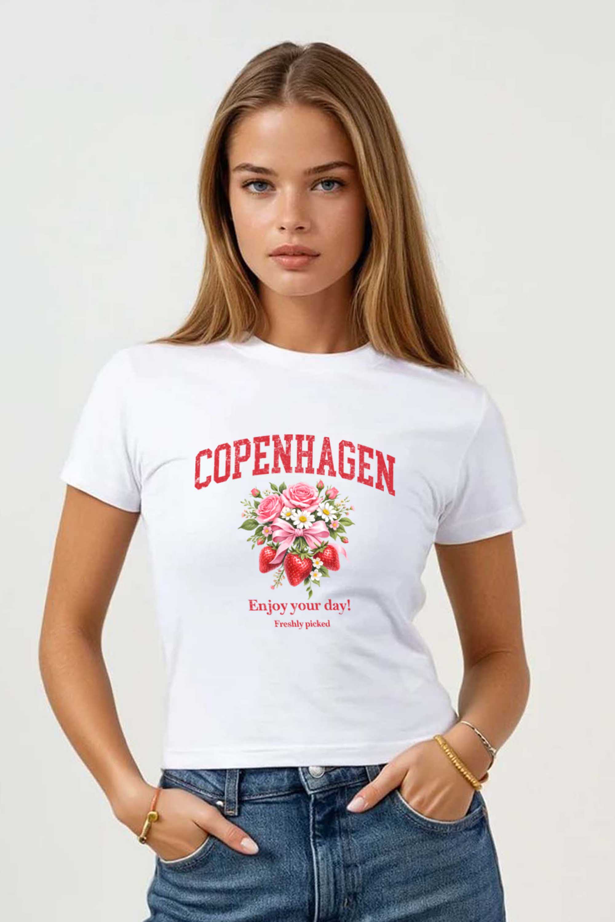 220GSM Copenhagen Strawberry Floral Printed Baby Tee