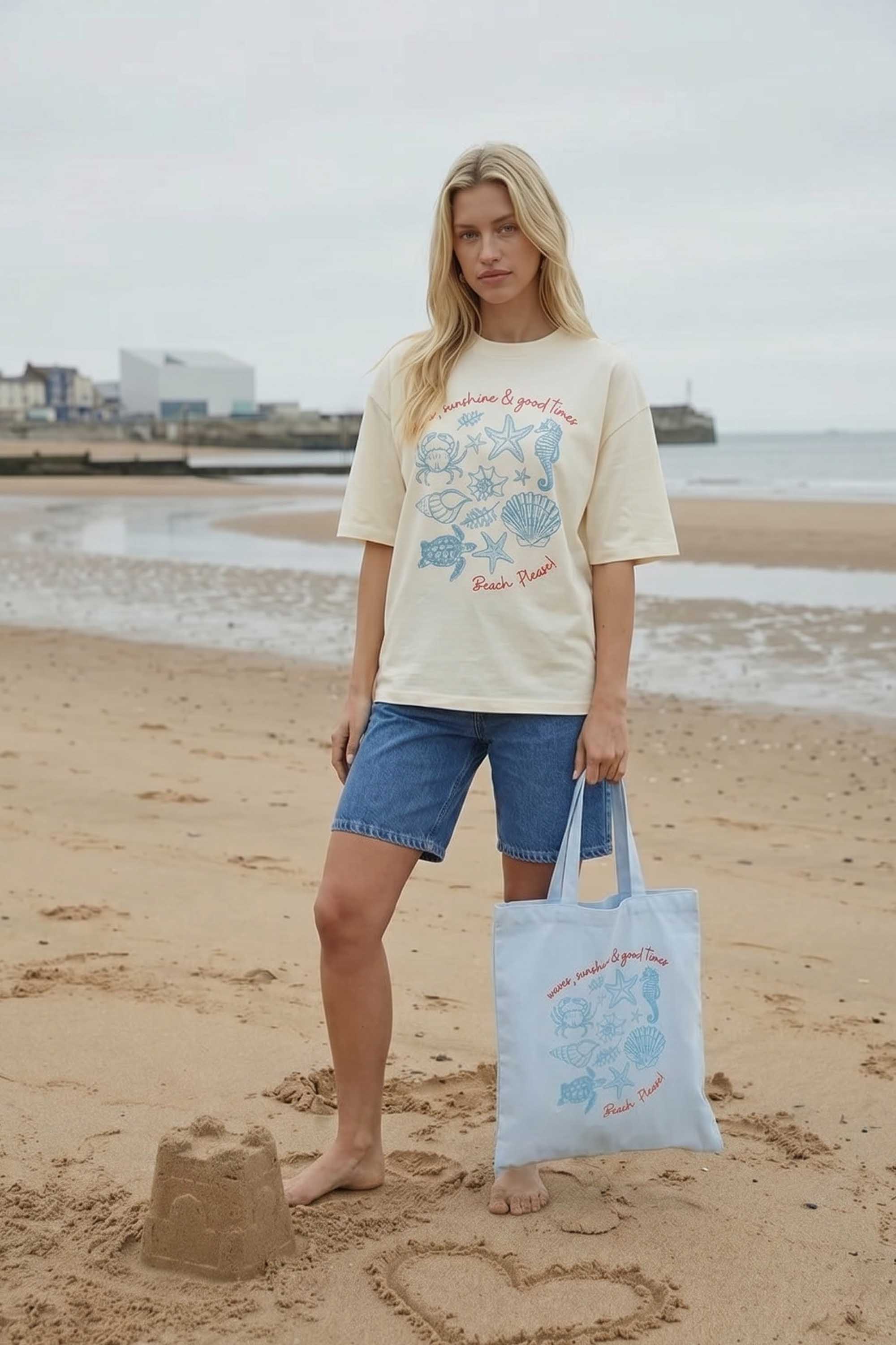 Beach Please Seashell Graphic Printed Cotton Tote Bag