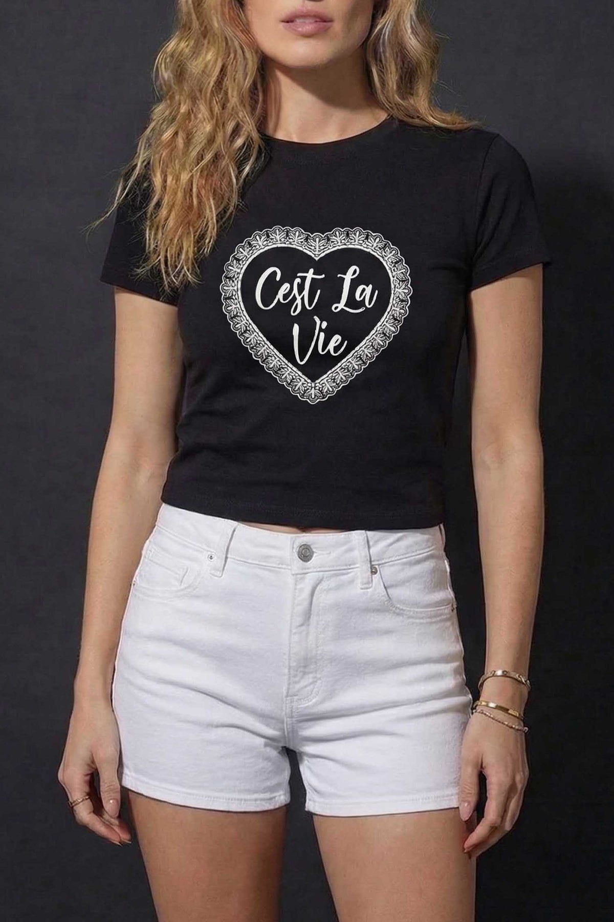 220GSM C’est La Vie Lace Heart Printed Baby Tee