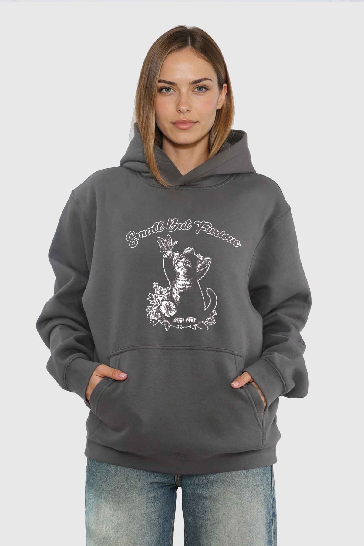 Unisex 280GSM Blended Small But Furious Cat Printed Hoodie