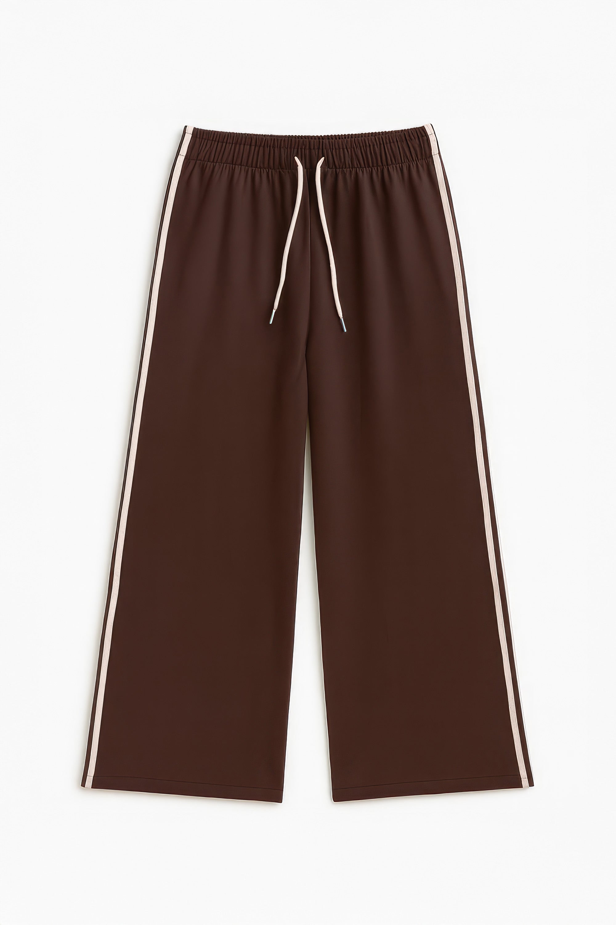 Brown wide-leg pants with white stripes on a white background