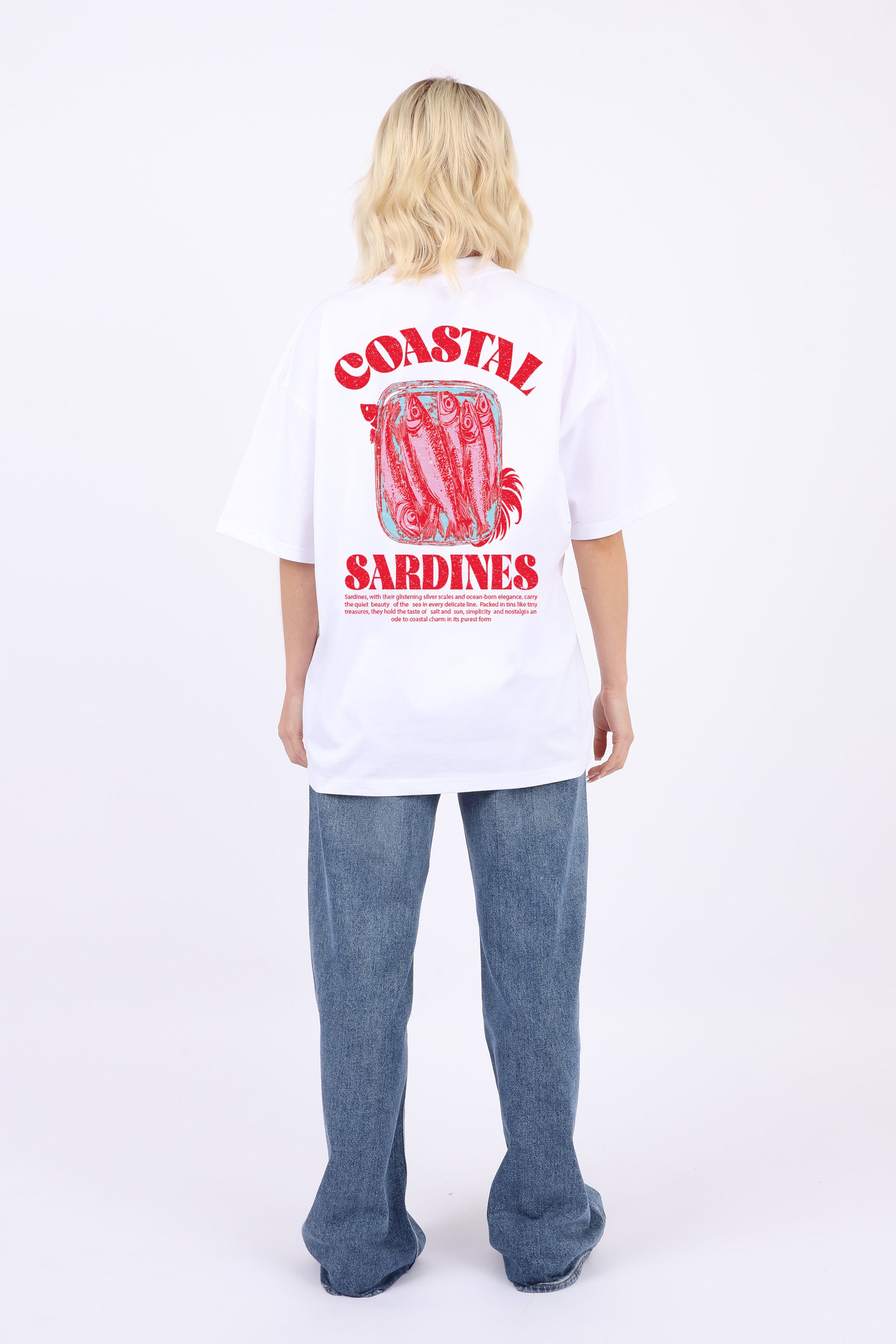 220GSM Oversized T-Shirt In Coastal Sardines Seafood Print (Custom Pack)