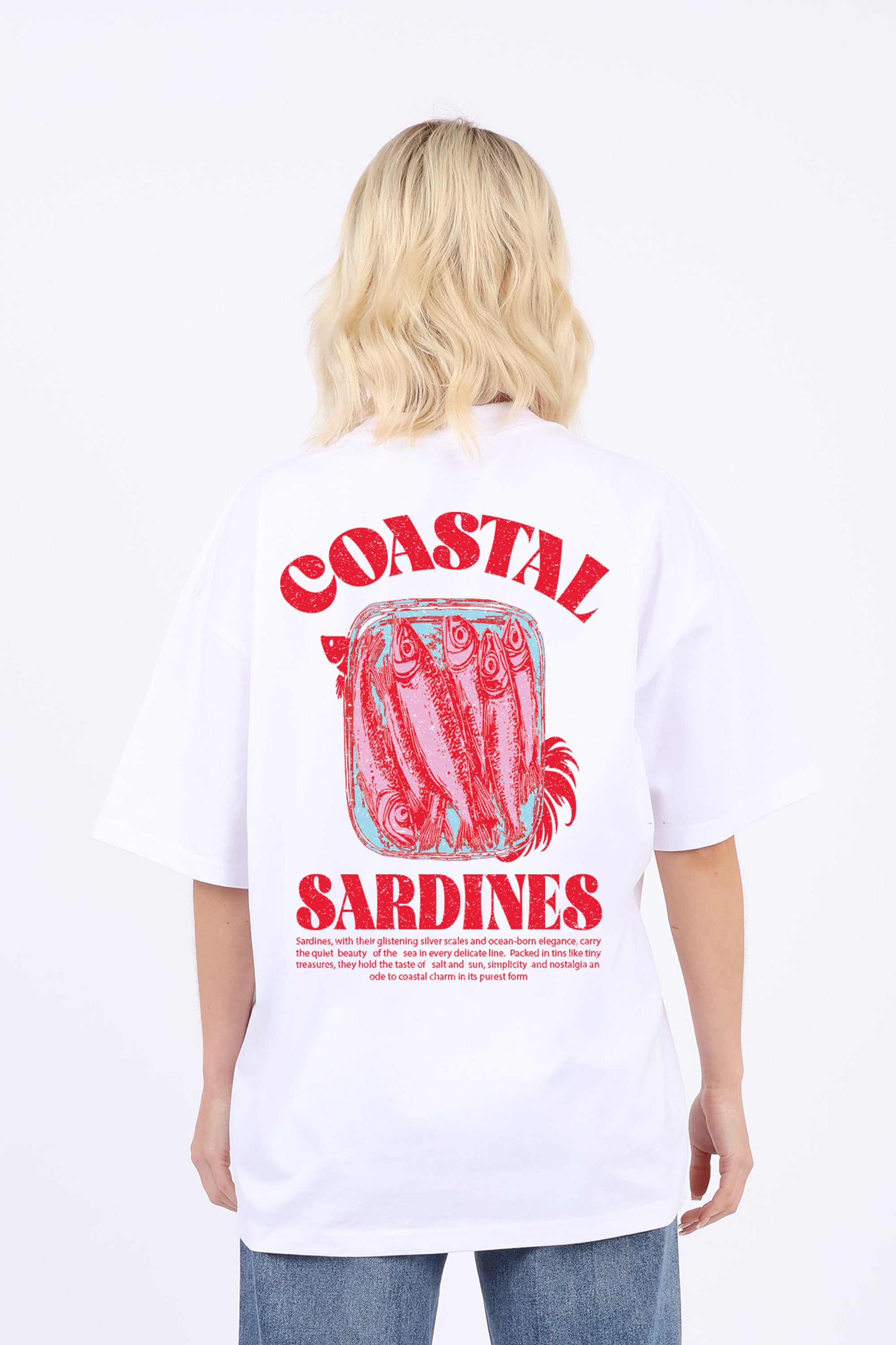 220GSM Oversized T-Shirt In Coastal Sardines Seafood Print (Custom Pack)