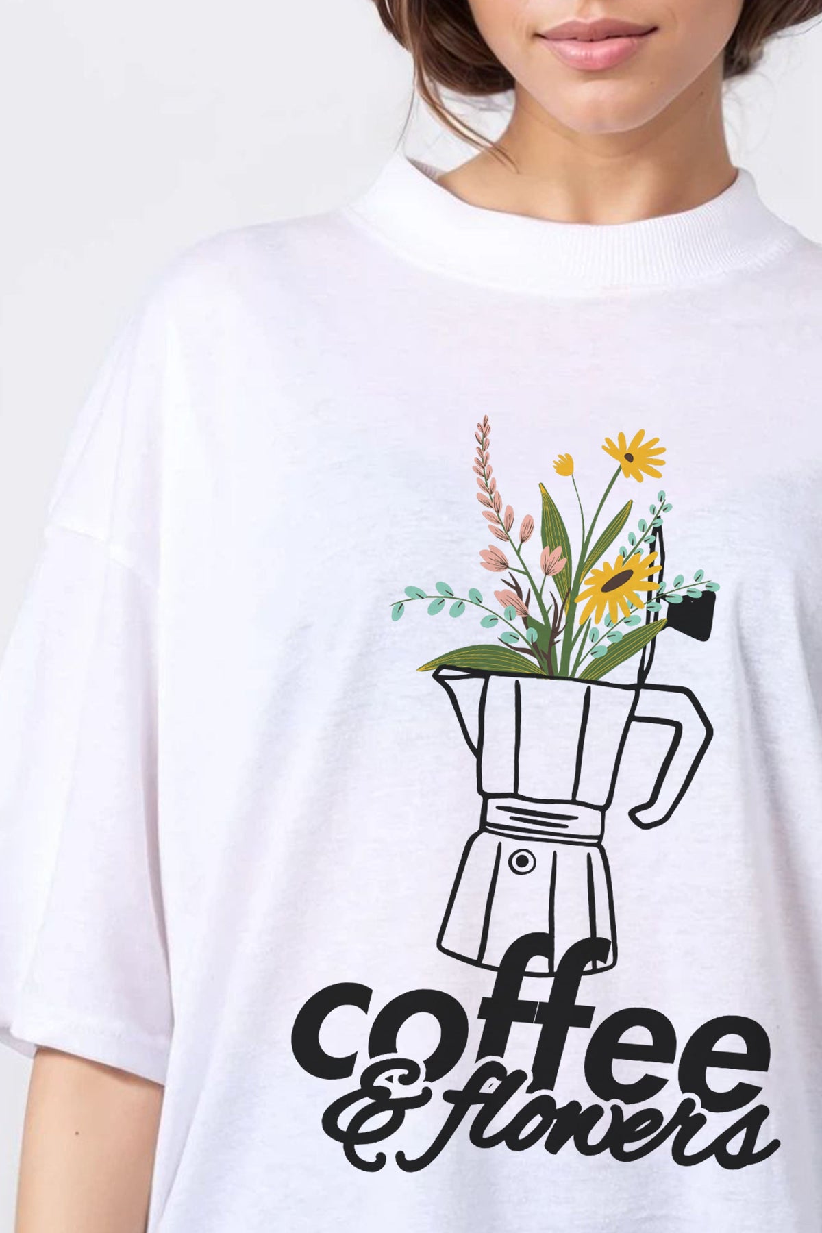 150GSM Oversized T-Shirt in Coffee and Flowers Print