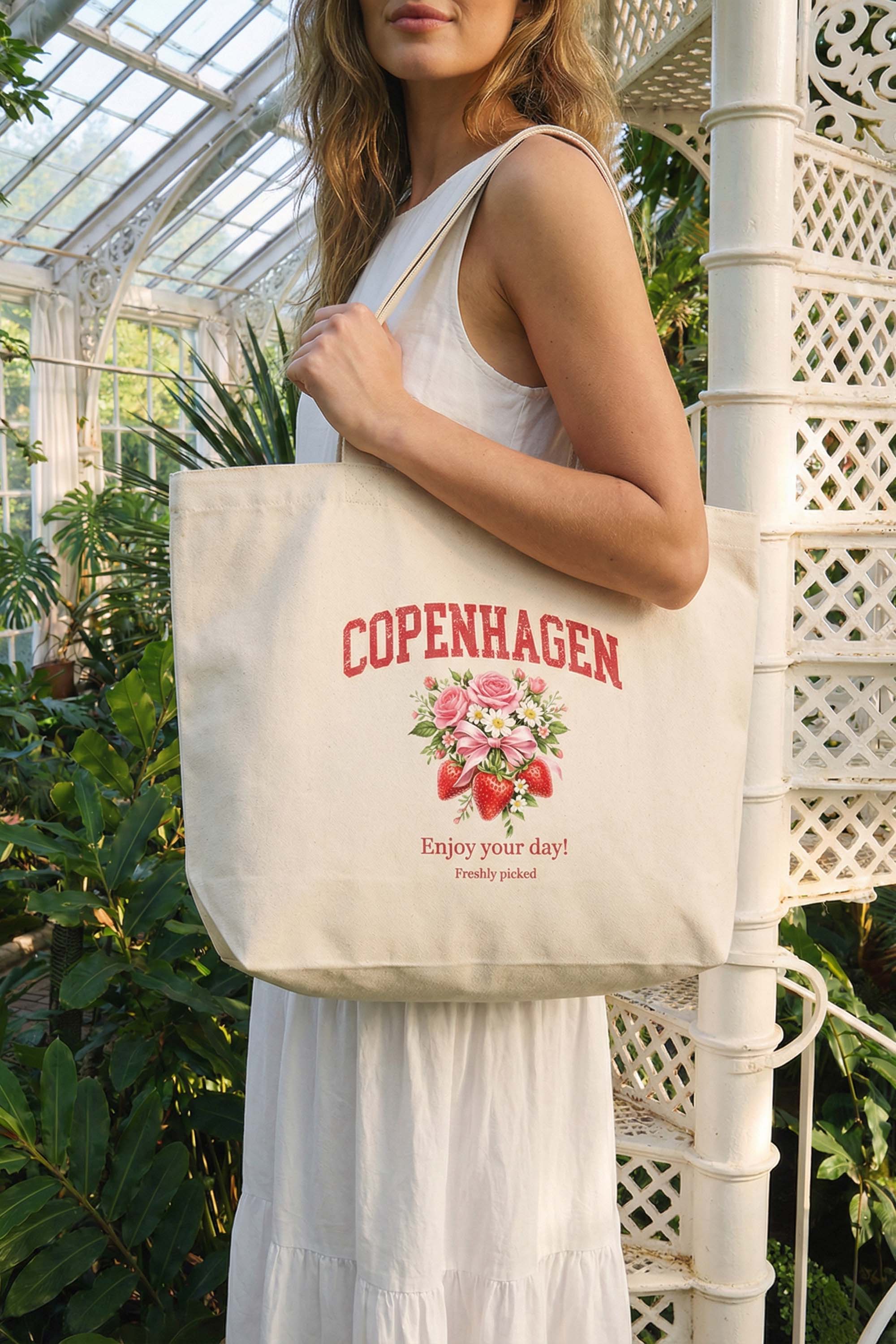 400 GSM Cotton Copenhagen Strawberry Floral Printed Shopper Bag