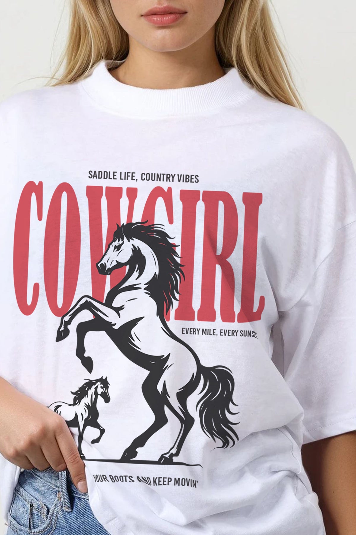 150GSM Oversized T-Shirt in Cowgirl Horse Print