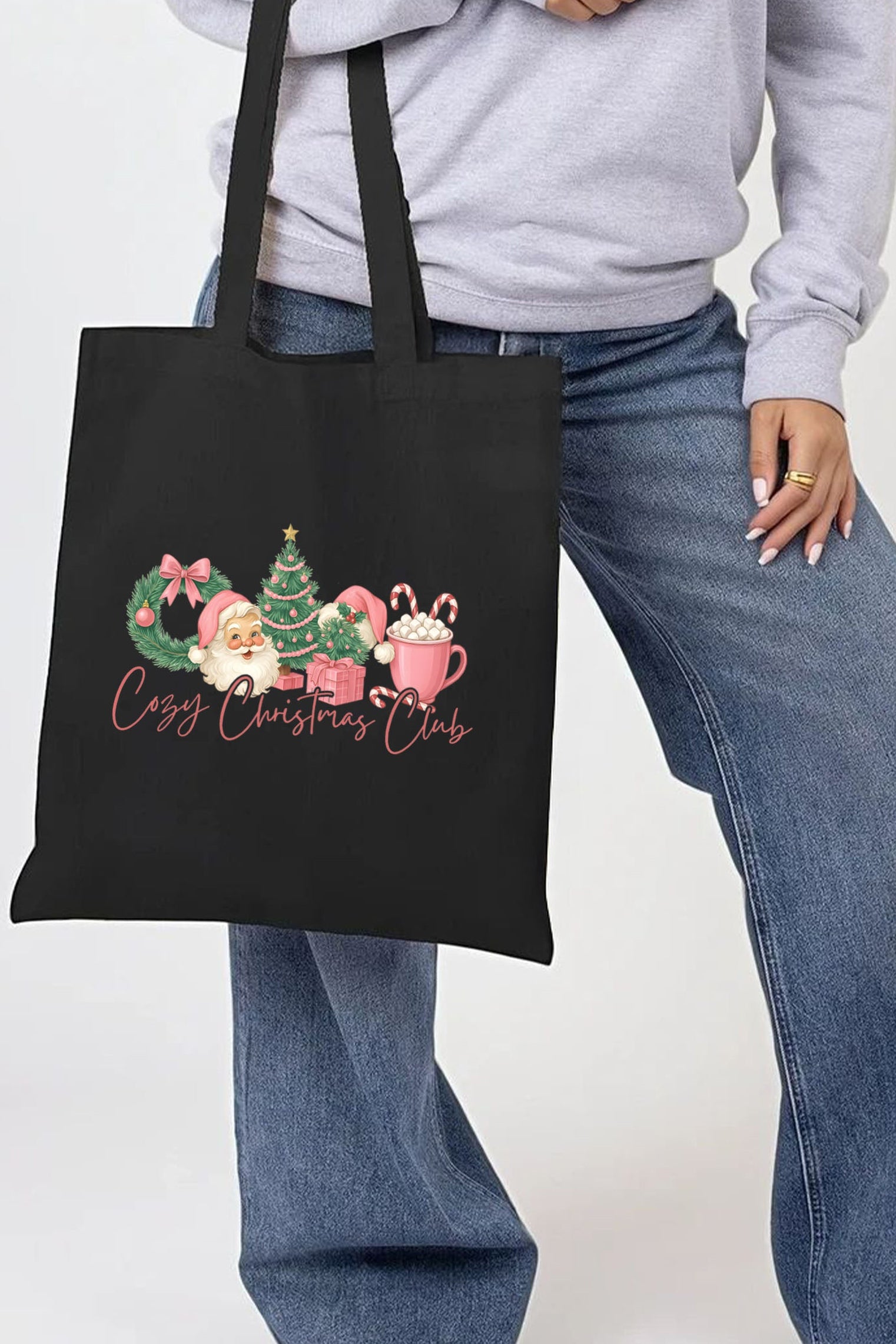 Cozy Christmas Club Printed Cotton Tote Bag