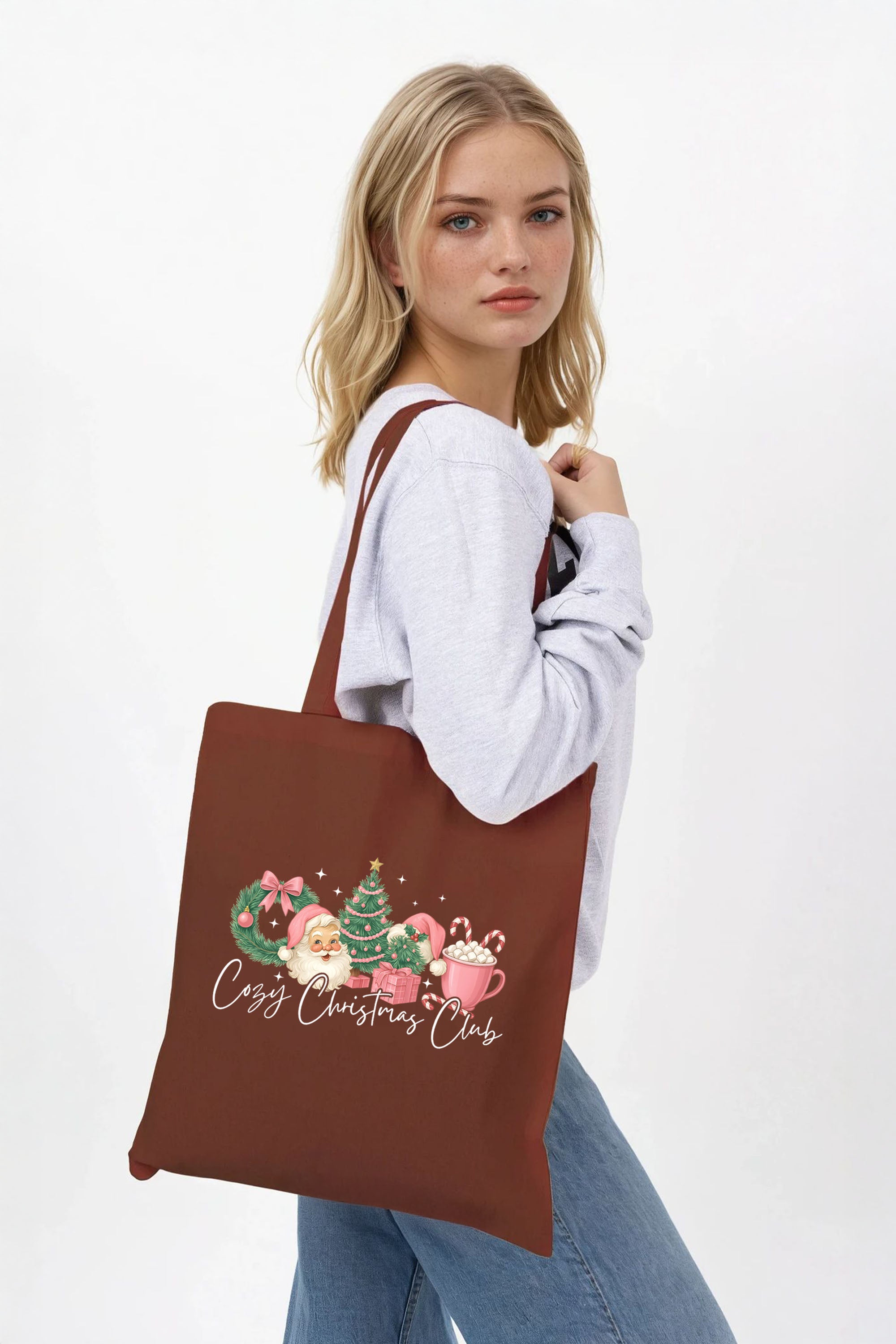 Cozy Christmas Club Printed Cotton Tote Bag