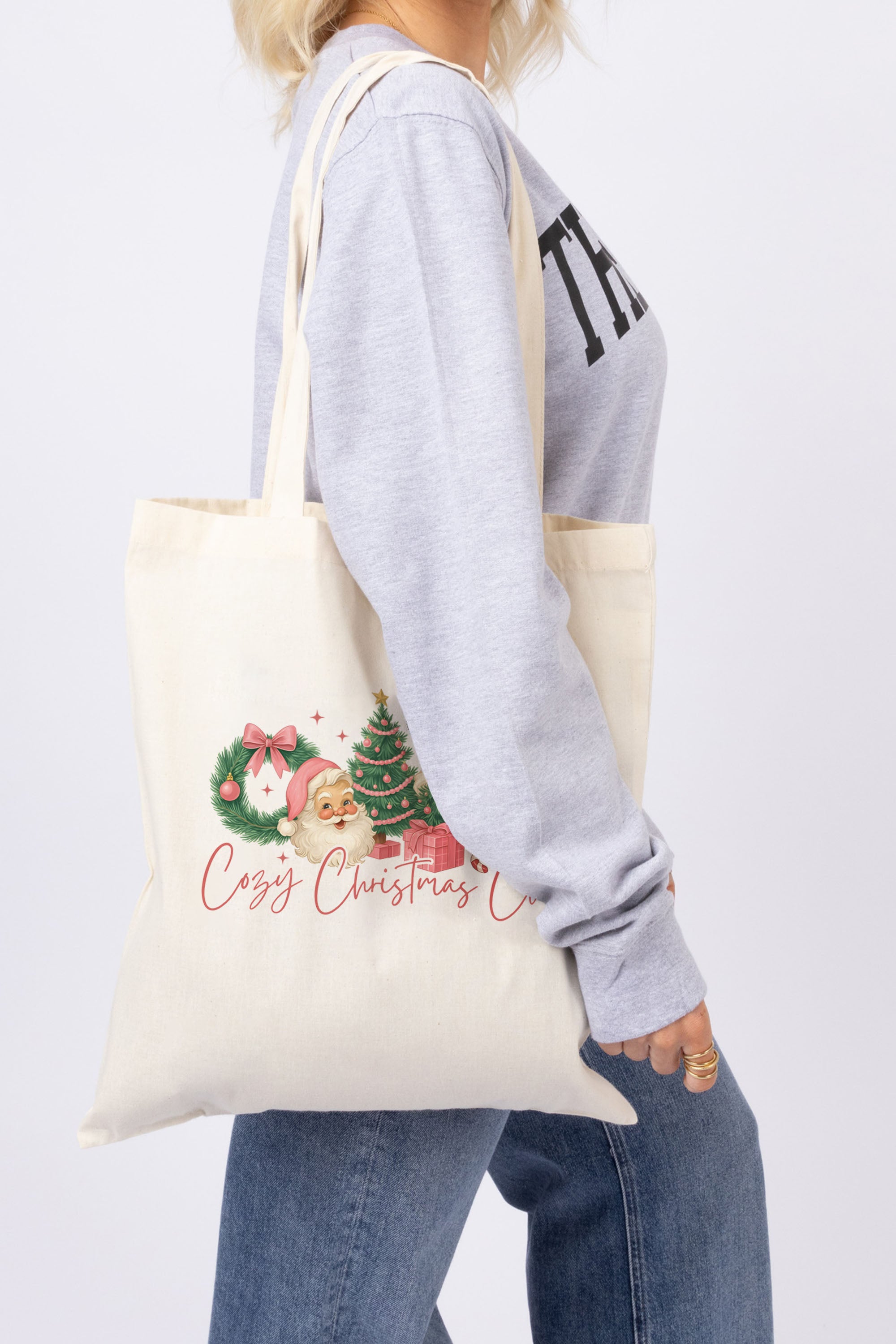 Cozy Christmas Club Printed Cotton Tote Bag