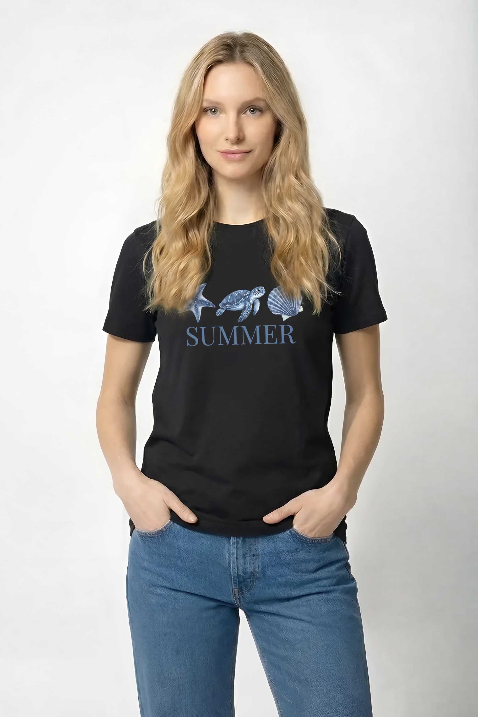 220GSM Regular FIt Summer Sea Shell Turtle Printed T-Shirt
