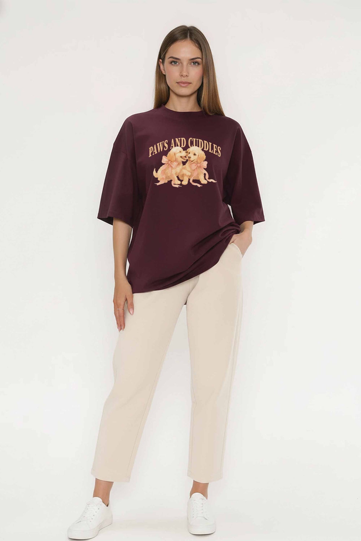 220GSM Oversized T-Shirt in Paws and Cuddles Puppies Print