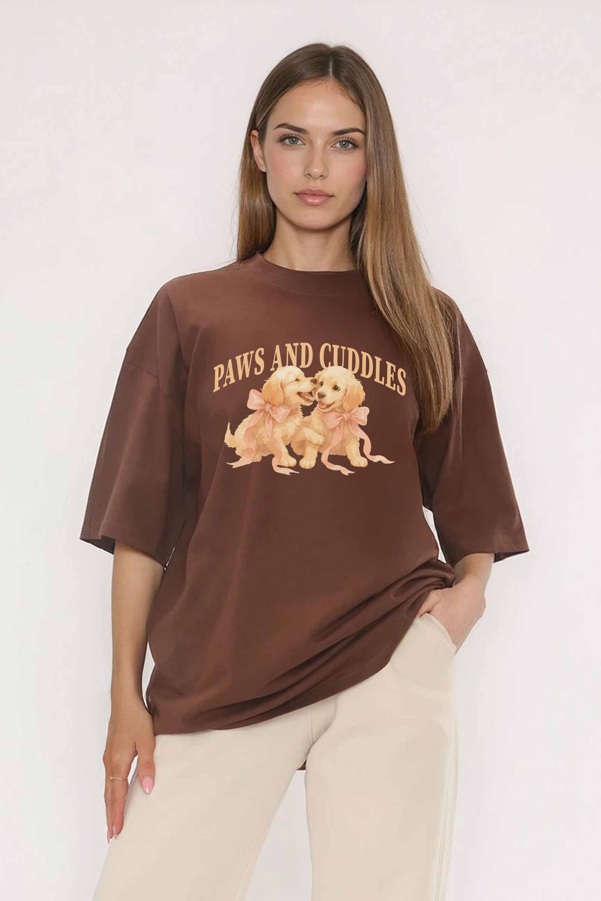 220GSM Oversized T-Shirt in Paws and Cuddles Puppies Print