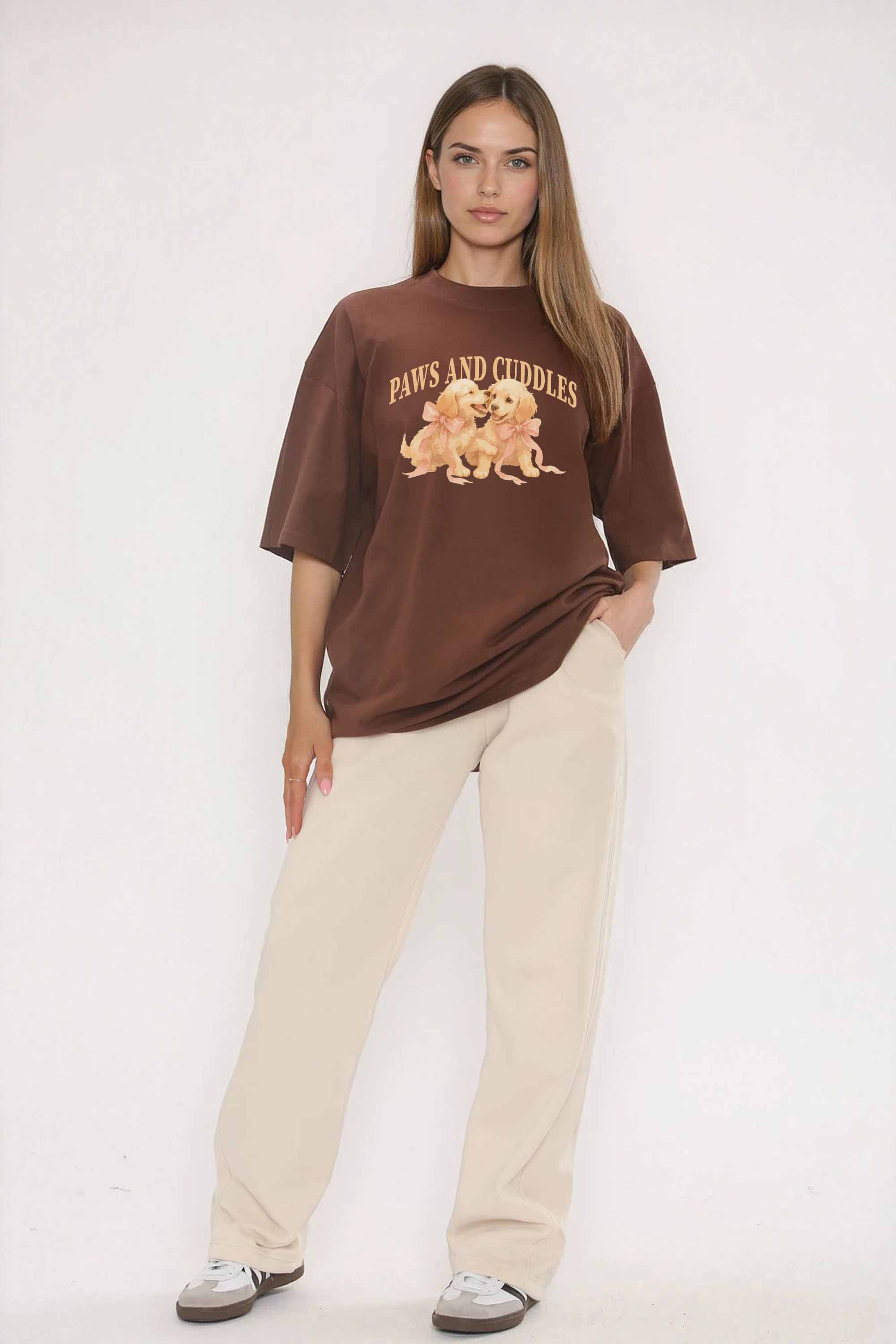 220GSM Oversized T-Shirt in Paws and Cuddles Puppies Print