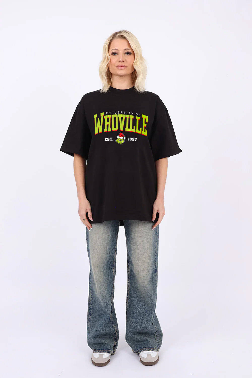 220GSM Oversize Christmas T-Shirt In Whoville University Print