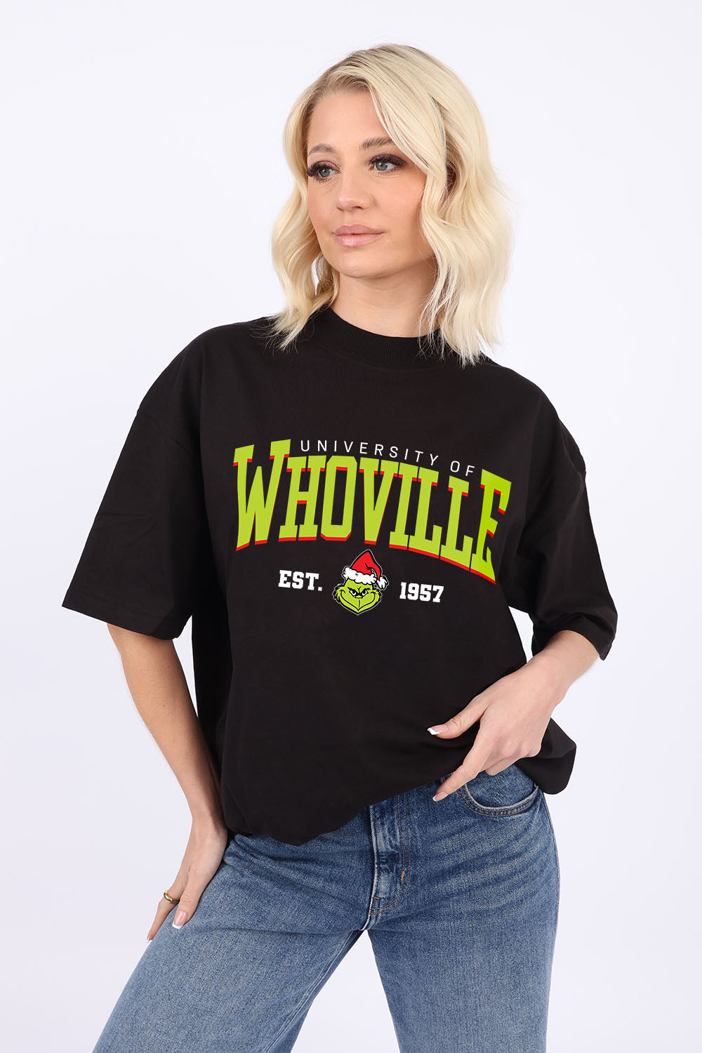 220GSM Oversize Christmas T-Shirt In Whoville University Print