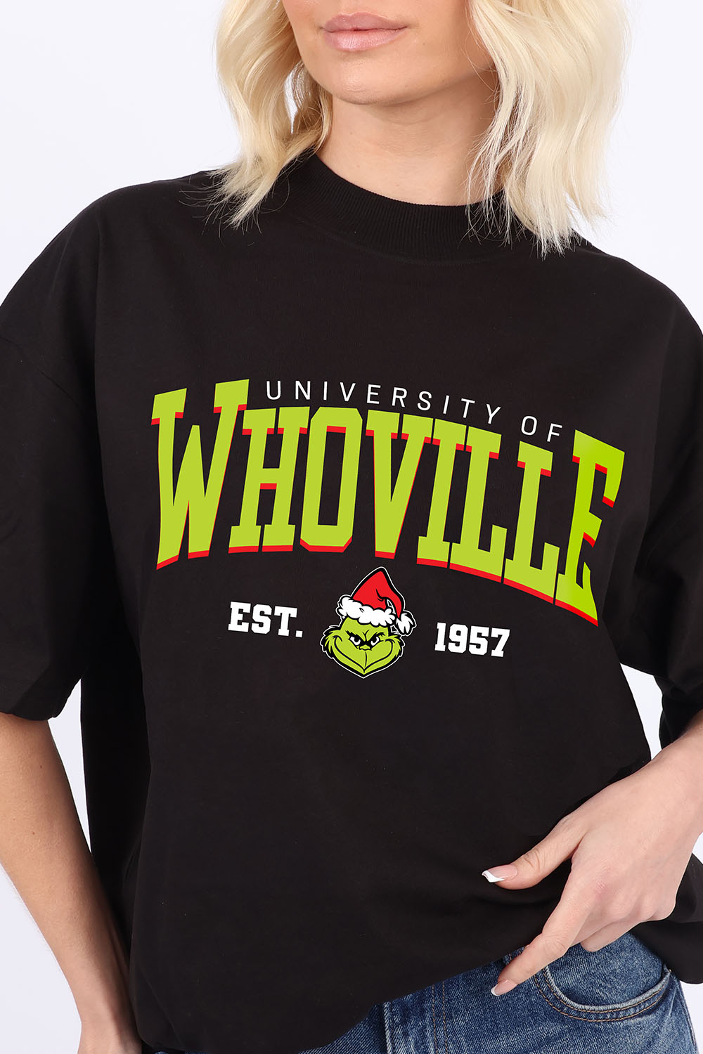 220GSM Oversize Christmas T-Shirt In Whoville University Print