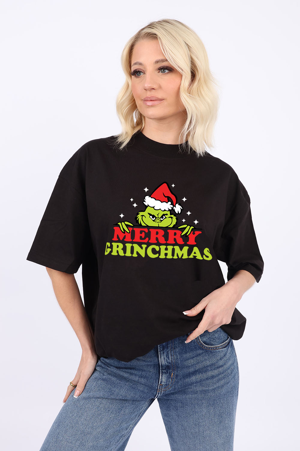 220GSM Oversize Christmas T-Shirt In Grinch Christmas Fun Print