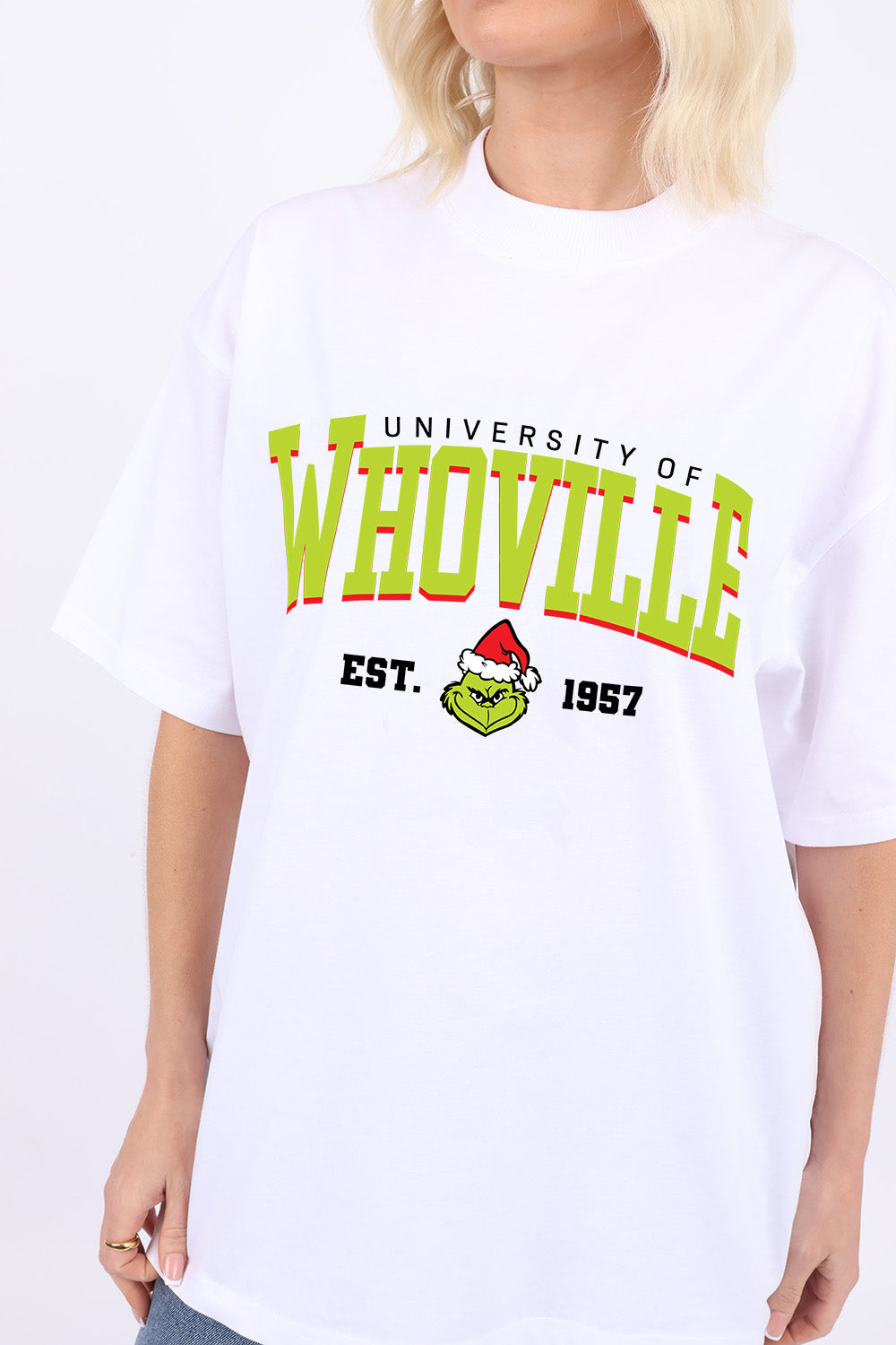 220GSM Oversize Christmas T-Shirt In Whoville University Print