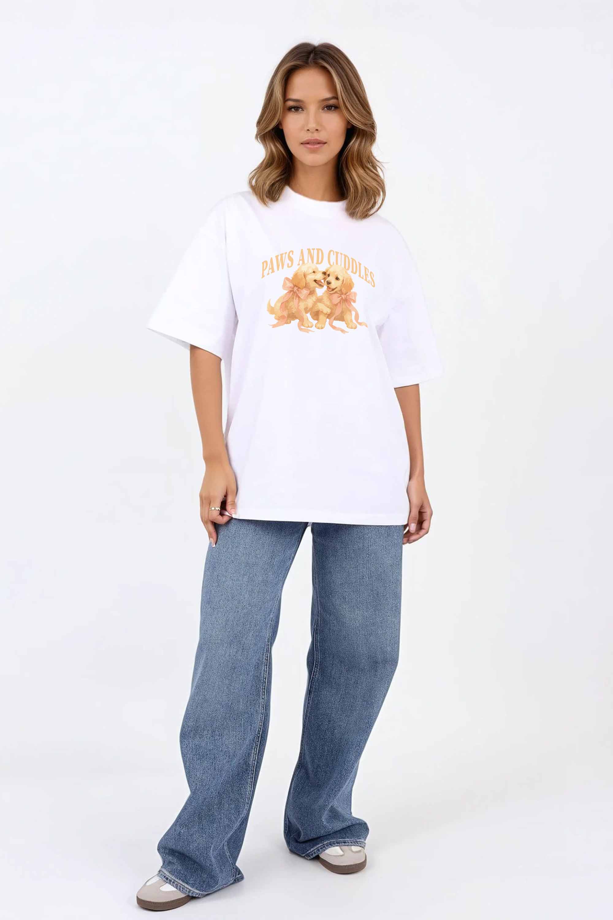 220GSM Oversized T-Shirt in Paws and Cuddles Puppies Print