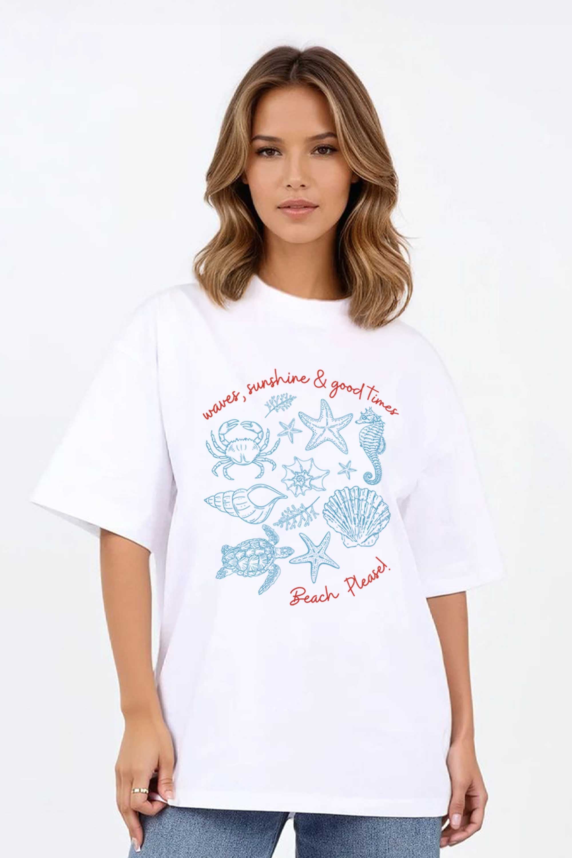 220GSM Oversized T-Shirt in Beach Please Seashell Print