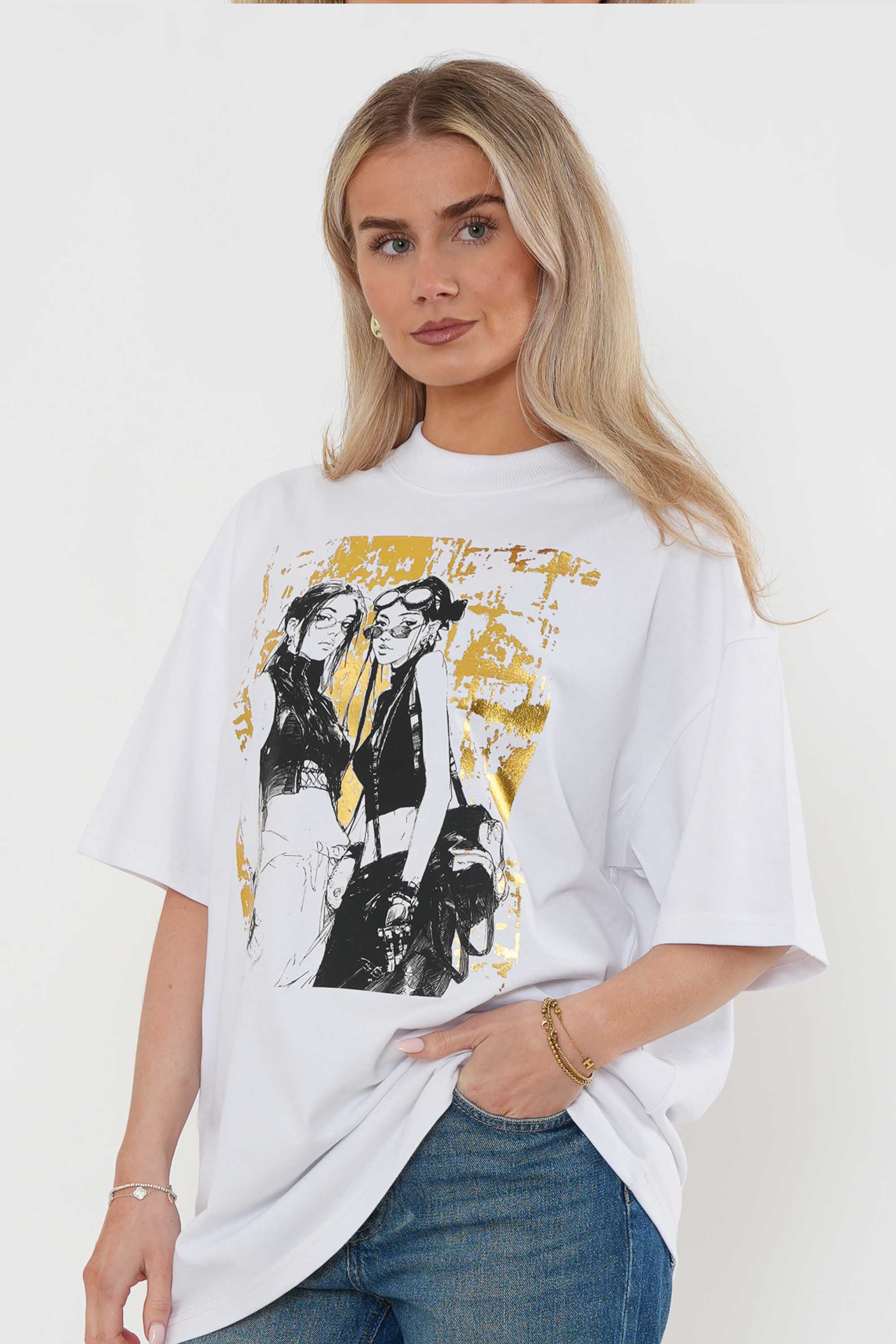 220GSM Oversized T-Shirt in Girls Gold Foil Print
