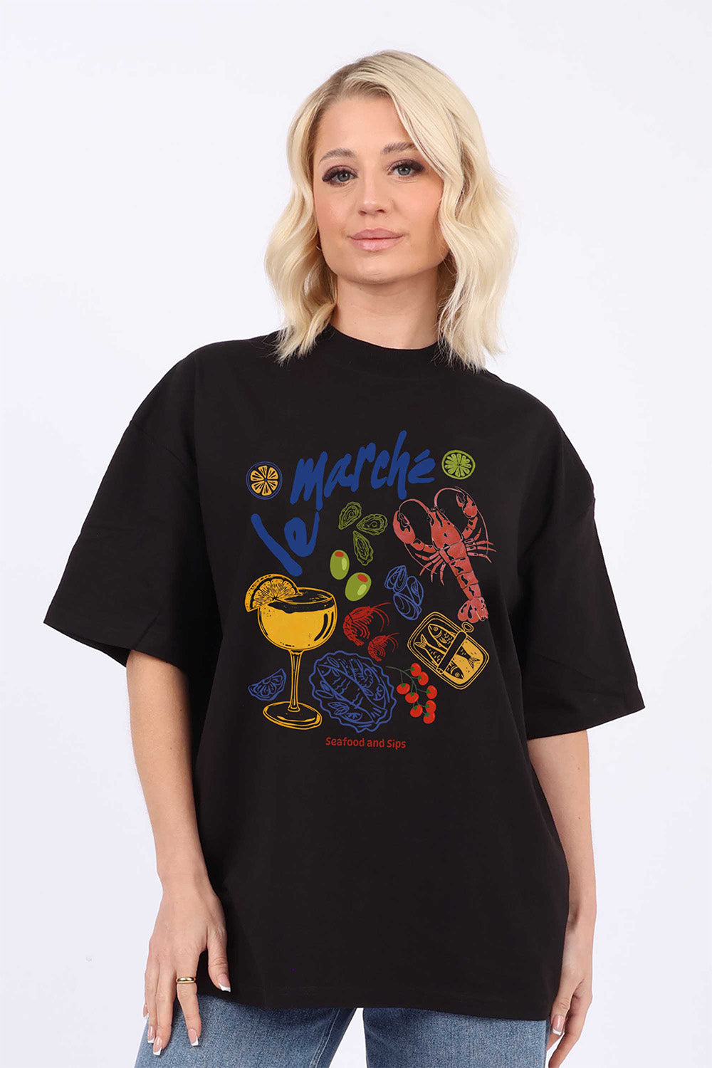 220GSM Oversized T-Shirt in Vintage Seafood & Cocktails Print