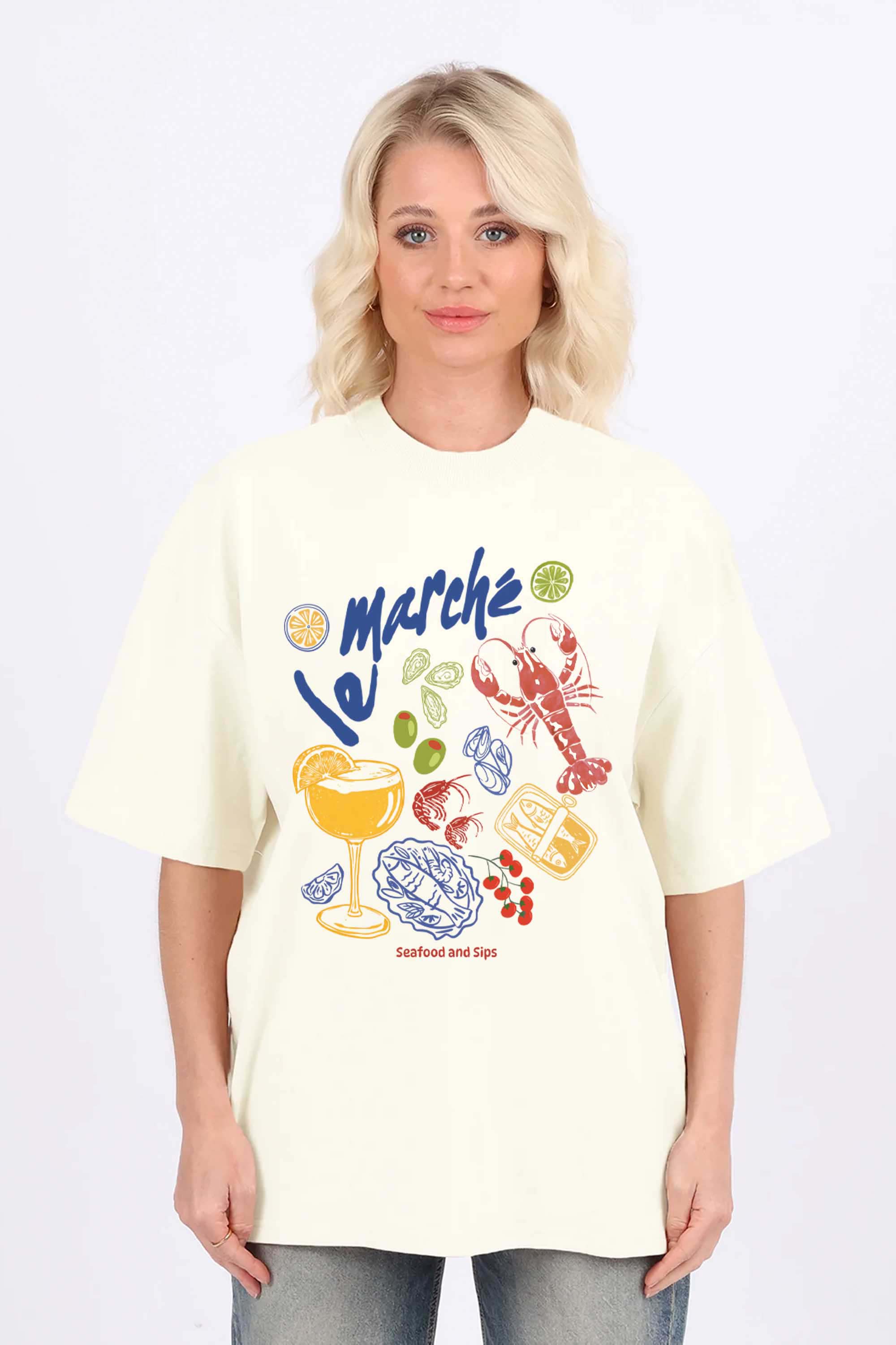 220GSM Oversized T-Shirt in Vintage Seafood & Cocktails Graphic Tee