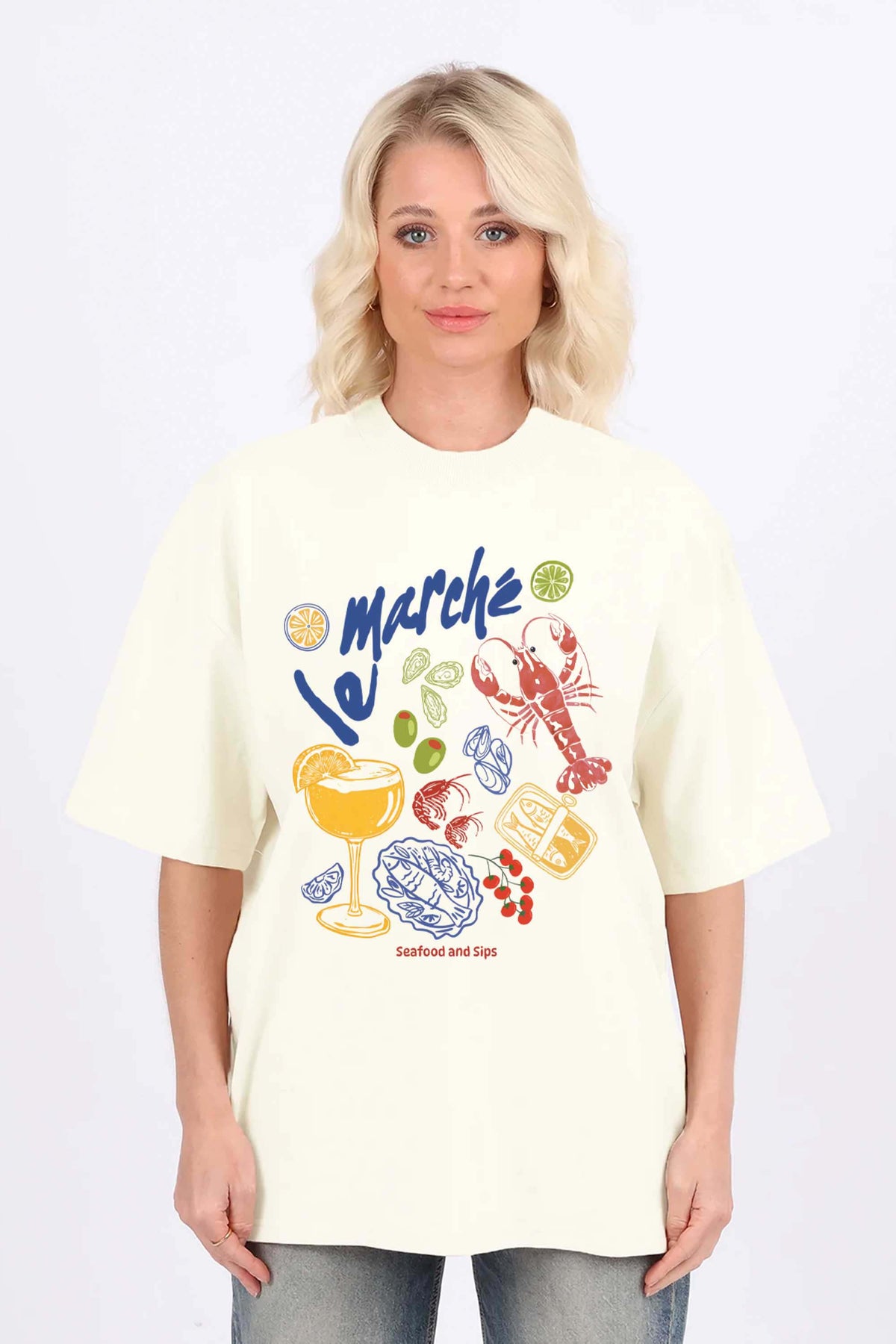 220GSM Oversized T-Shirt in Vintage Seafood & Cocktails Print
