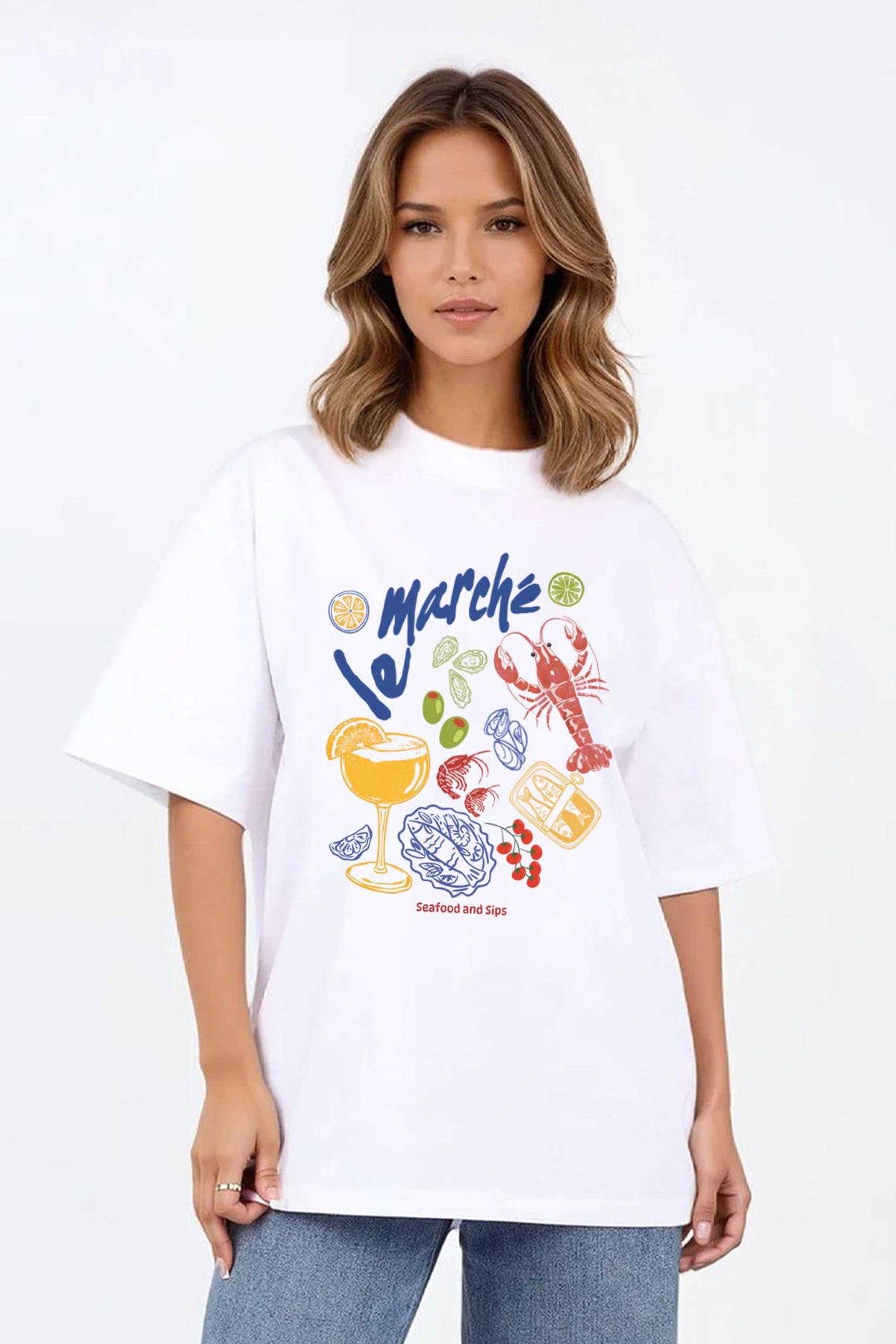 220GSM Oversized T-Shirt in Vintage Seafood & Cocktails Print