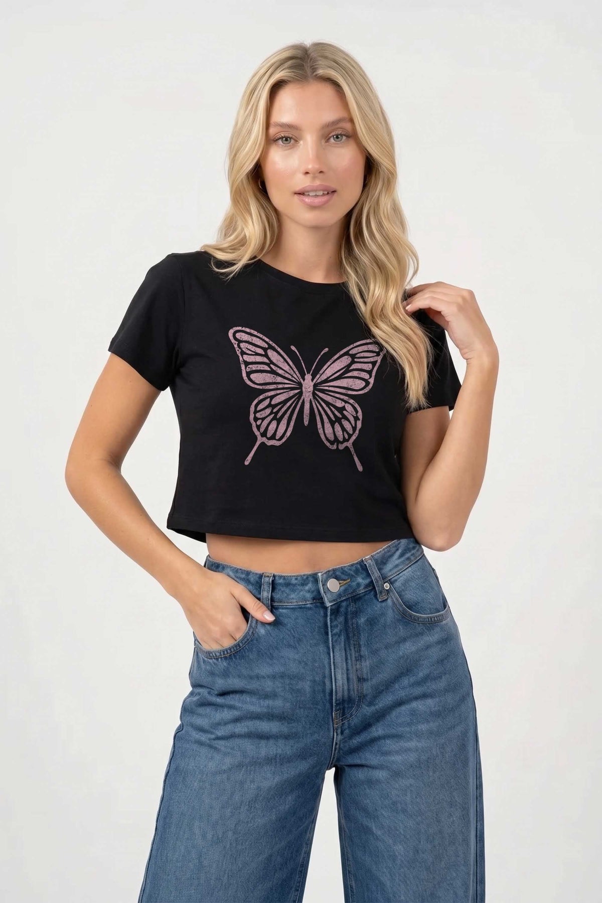 Cropped T-shirt in Butterfly Print
