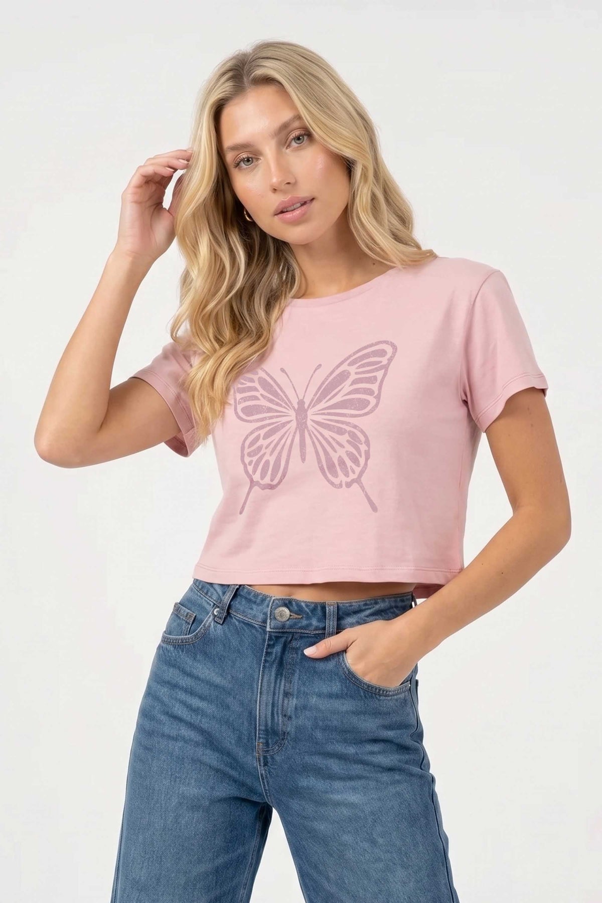 Cropped T-shirt in Butterfly Print