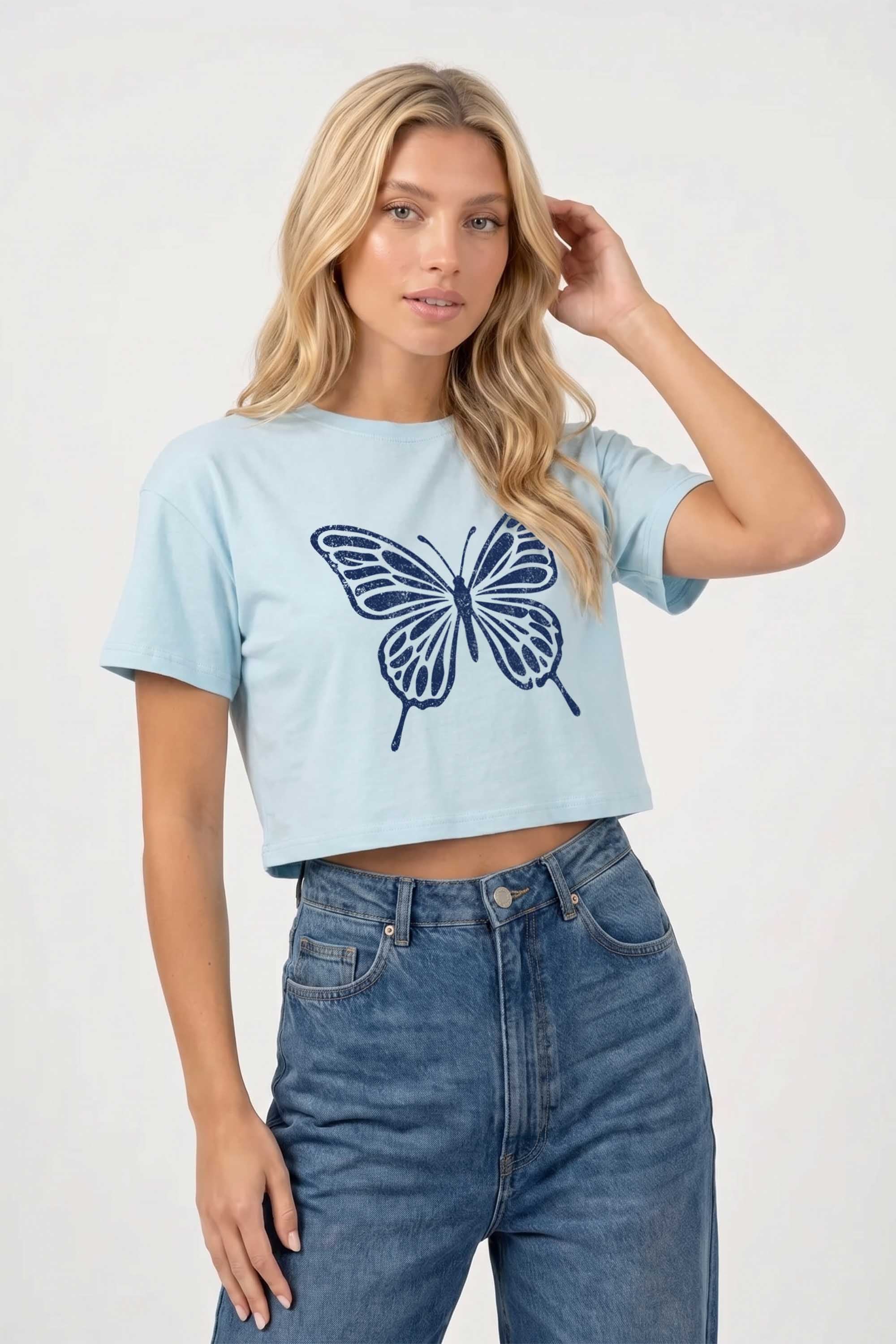 Cropped T-shirt in Butterfly Print