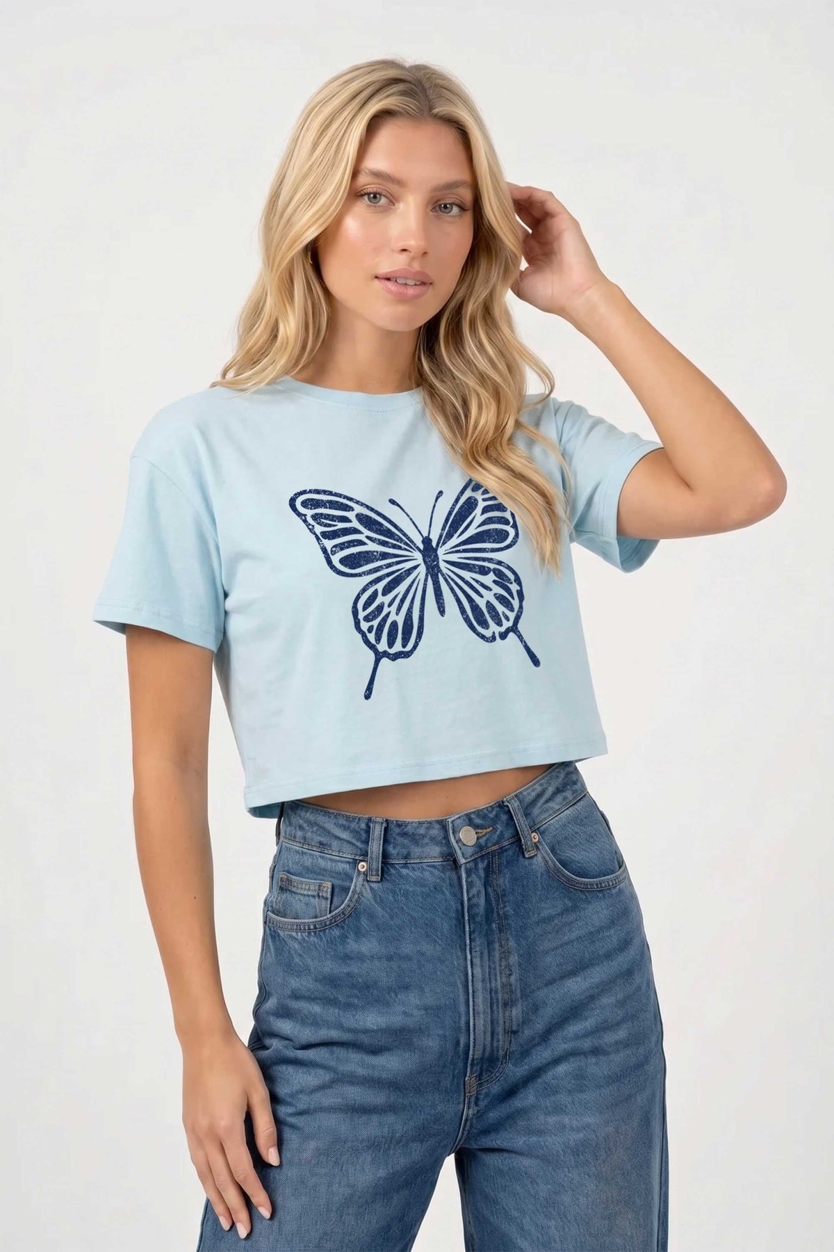 Cropped T-shirt in Butterfly Print