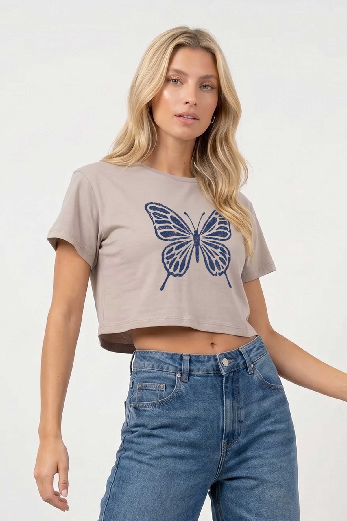 Cropped T-shirt in Butterfly Print