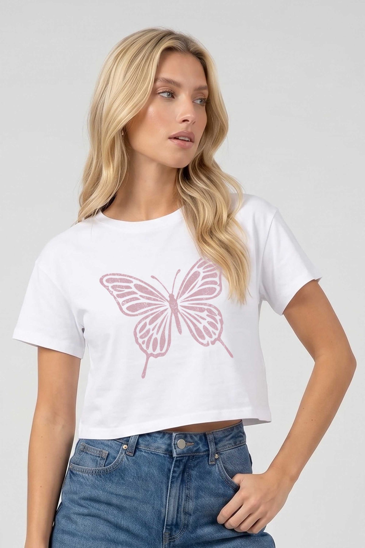 Cropped T-shirt in Butterfly Print