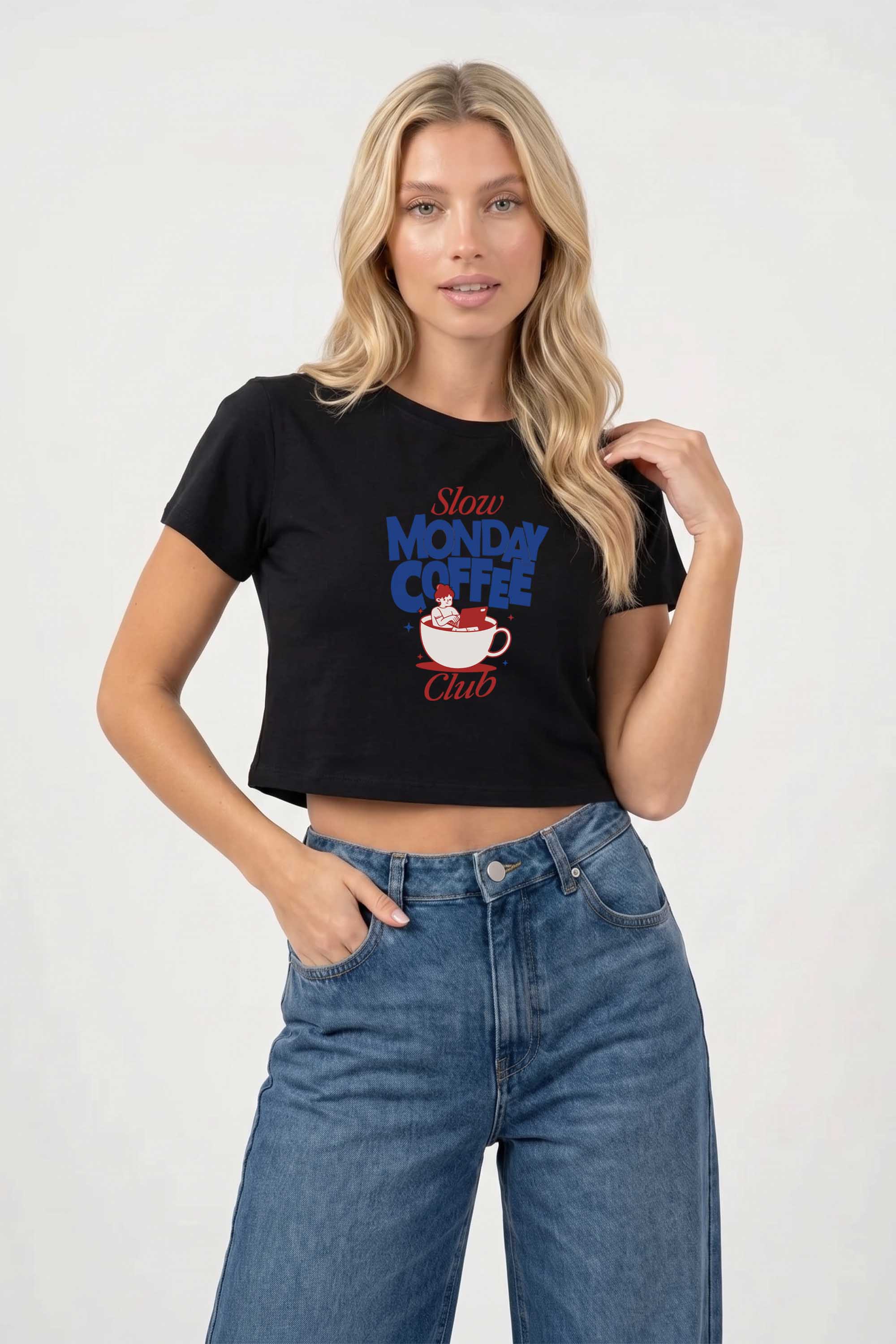 Cropped T-shirt in Slow Monday Coffee Club Print