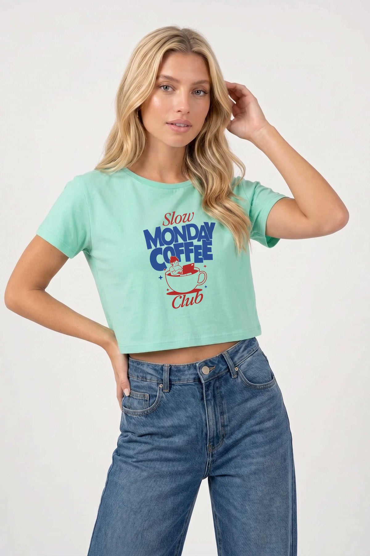 Cropped T-shirt in Slow Monday Coffee Club Print
