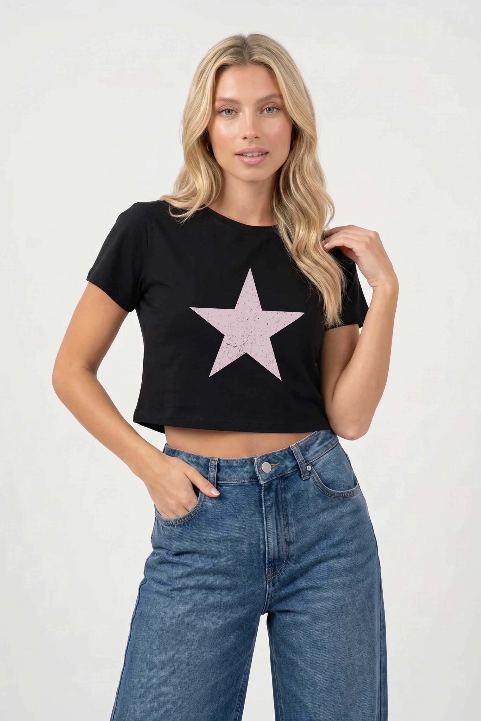 Cropped T-shirt in Distressed Star Print